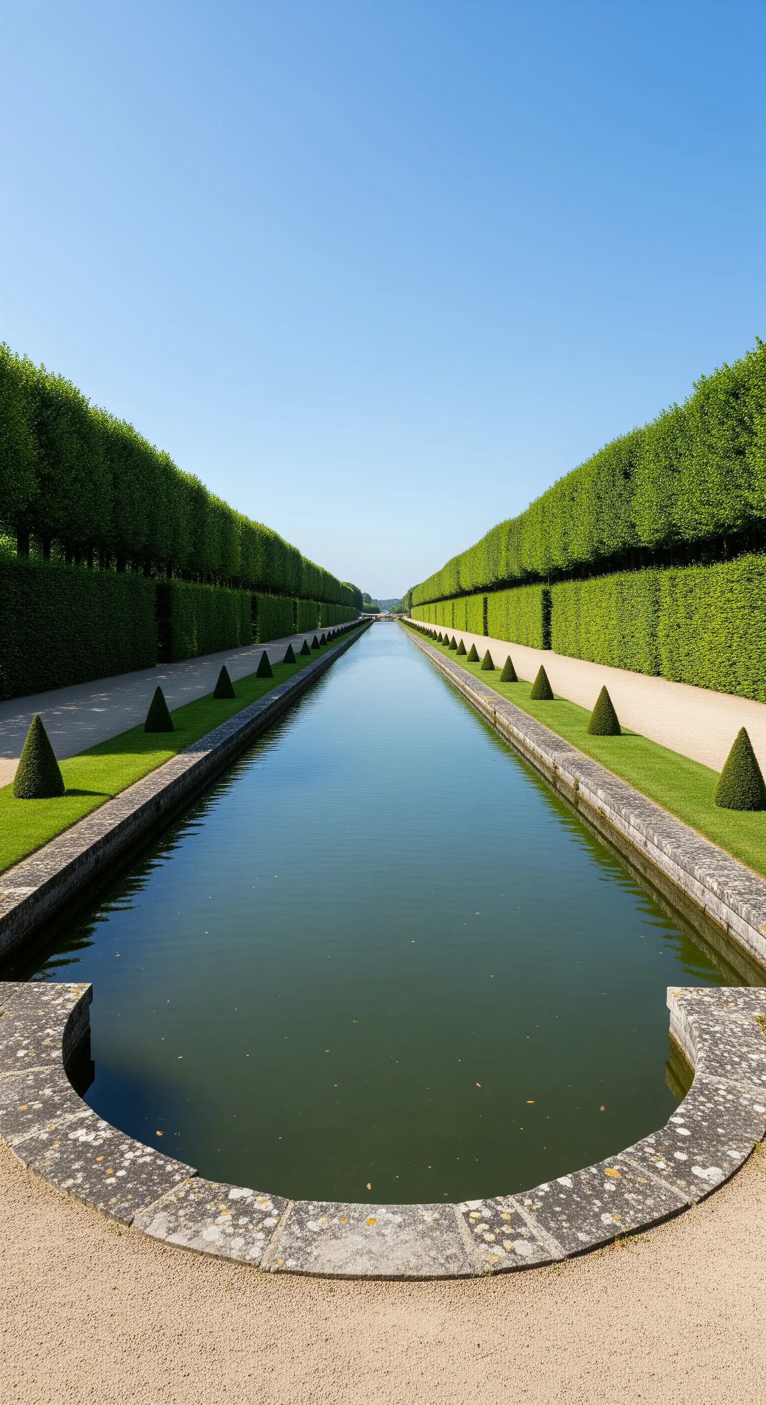 Lungo canale d'acqua rettilineo fiancheggiato da alte siepi verdi che creano un effetto prospettico