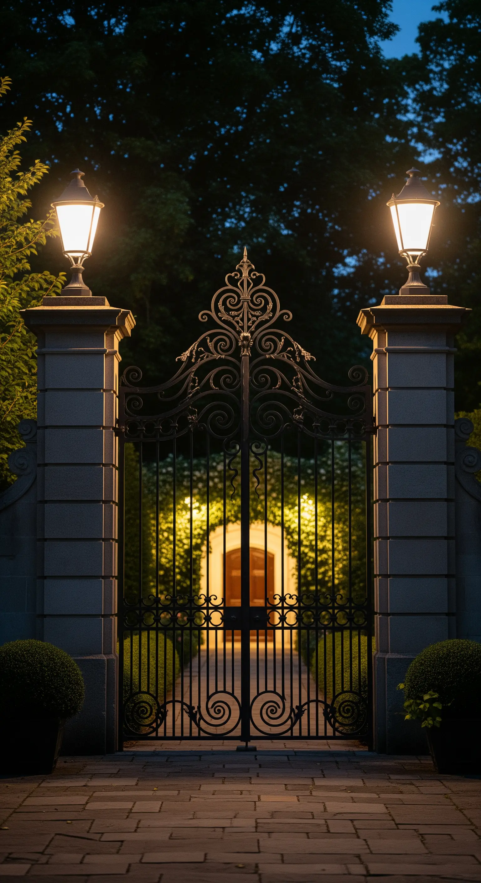 Elegante cancello in ferro battuto con lanterne accese sui pilastri di pietra laterali.