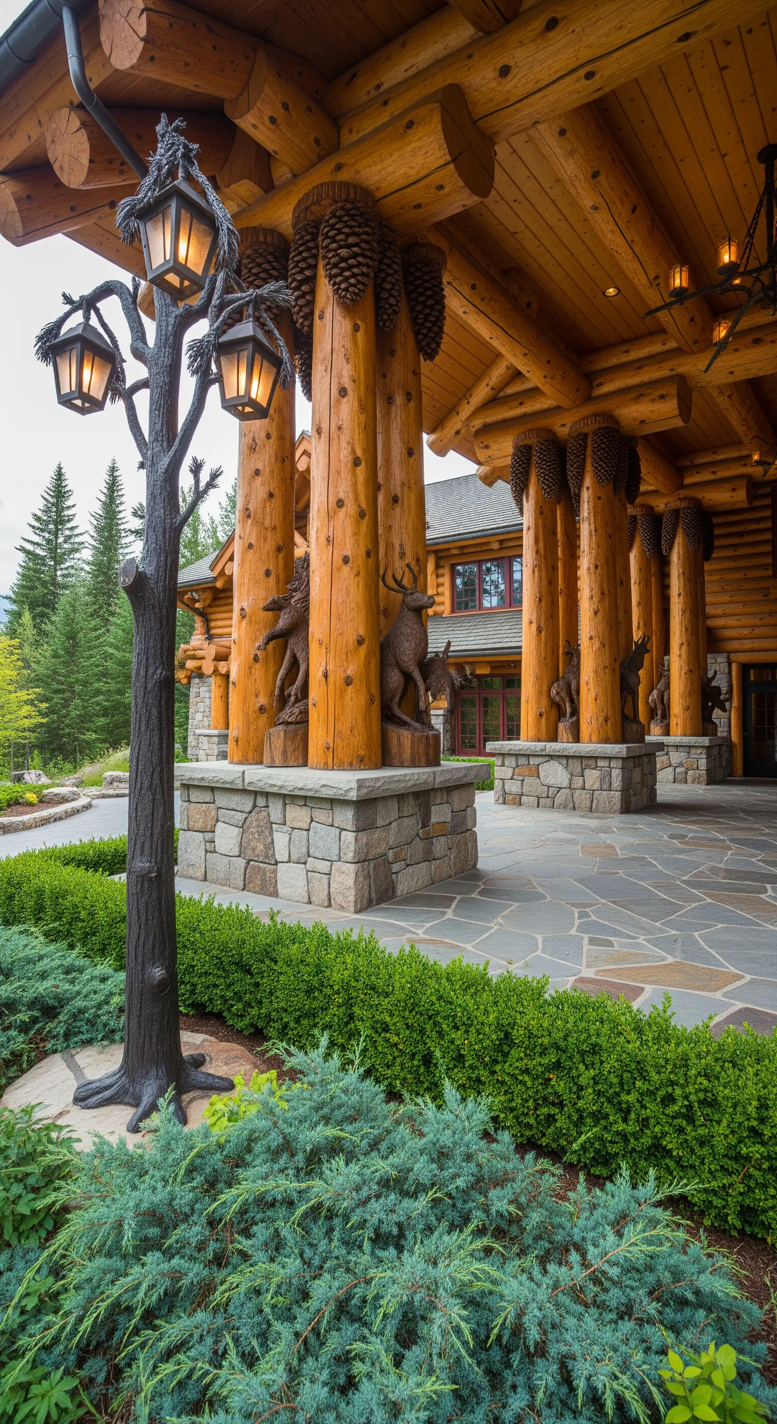 Ingresso di un lodge con massicce colonne in tronchi di legno e basi in pietra.