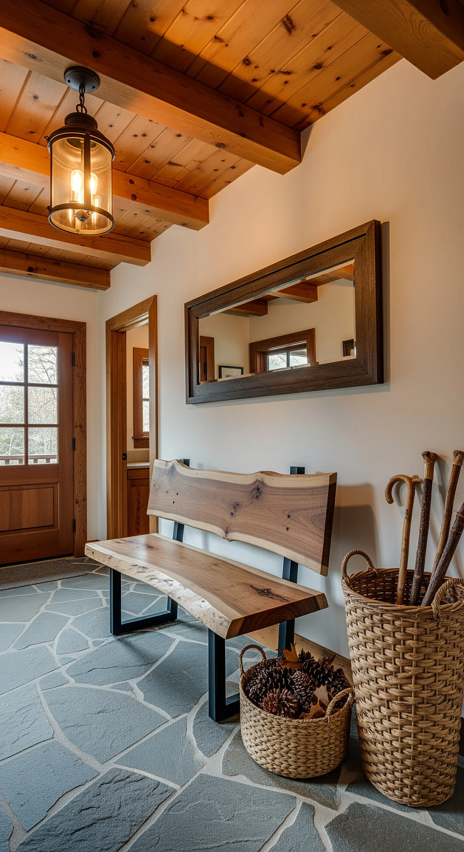 Panca in legno massello con bordi irregolari su pavimento in pietra e cesti in vimini.