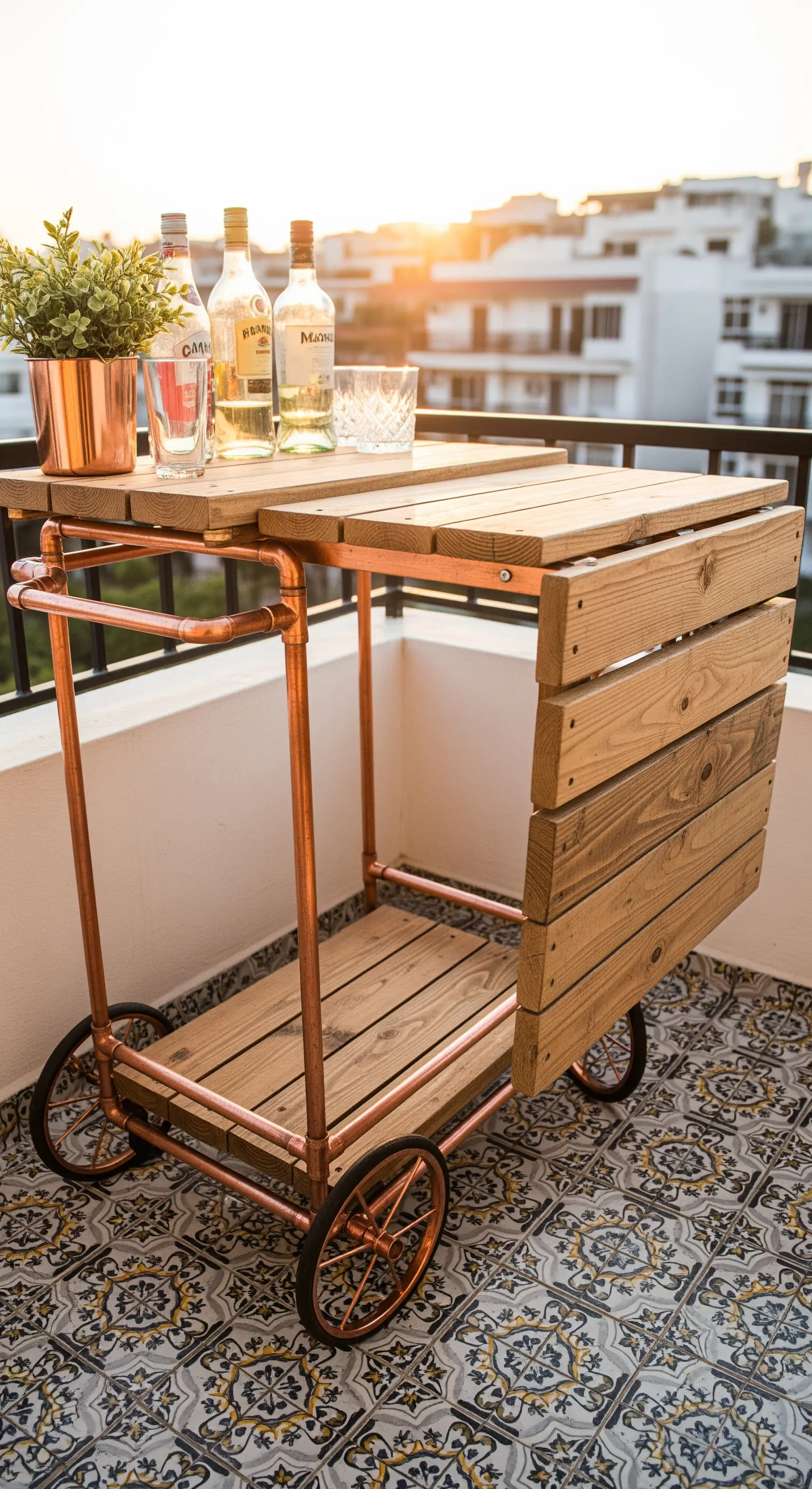 Carrello bar da esterno con struttura in tubi di rame e ripiani in legno, con un'anta laterale.