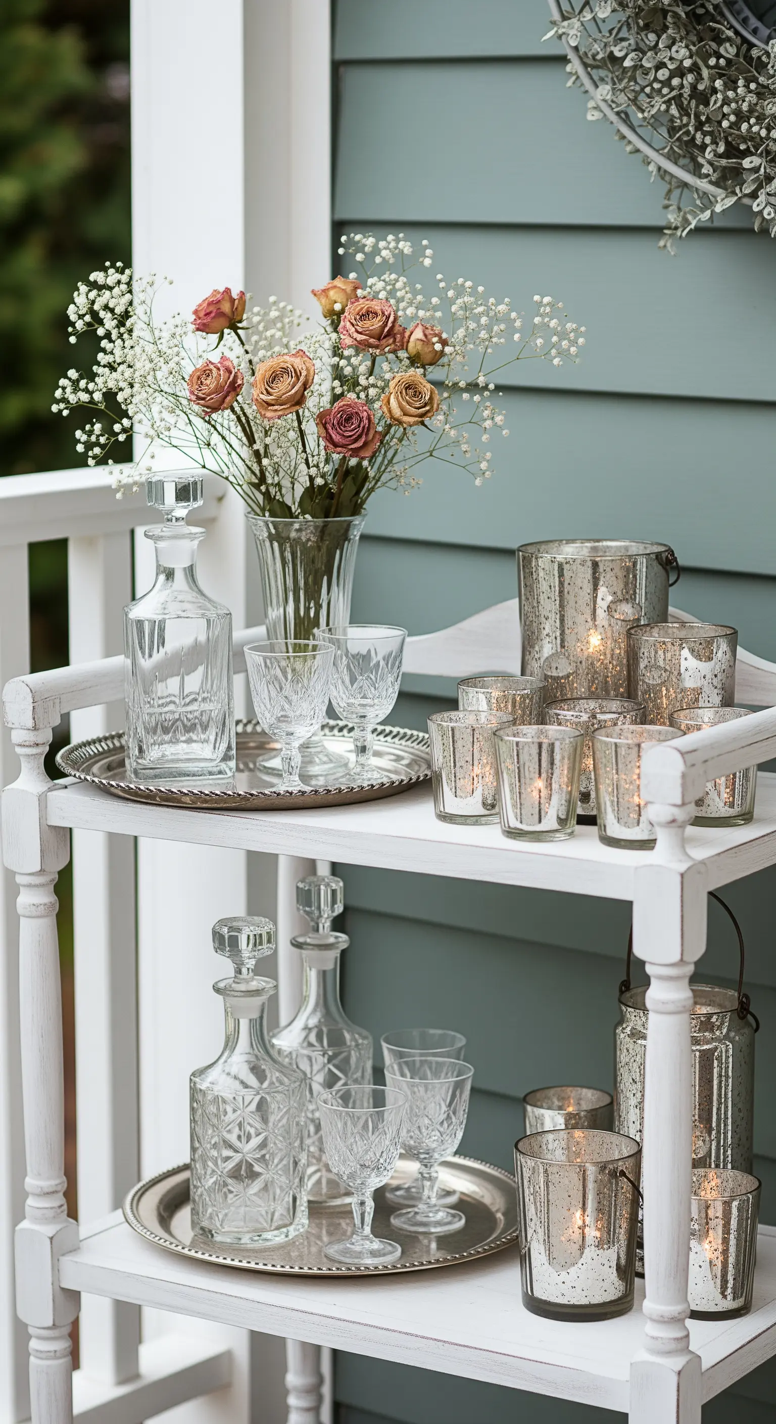 Carrello bar bianco in veranda con bicchieri di cristallo e portacandele in vetro mercurizzato.