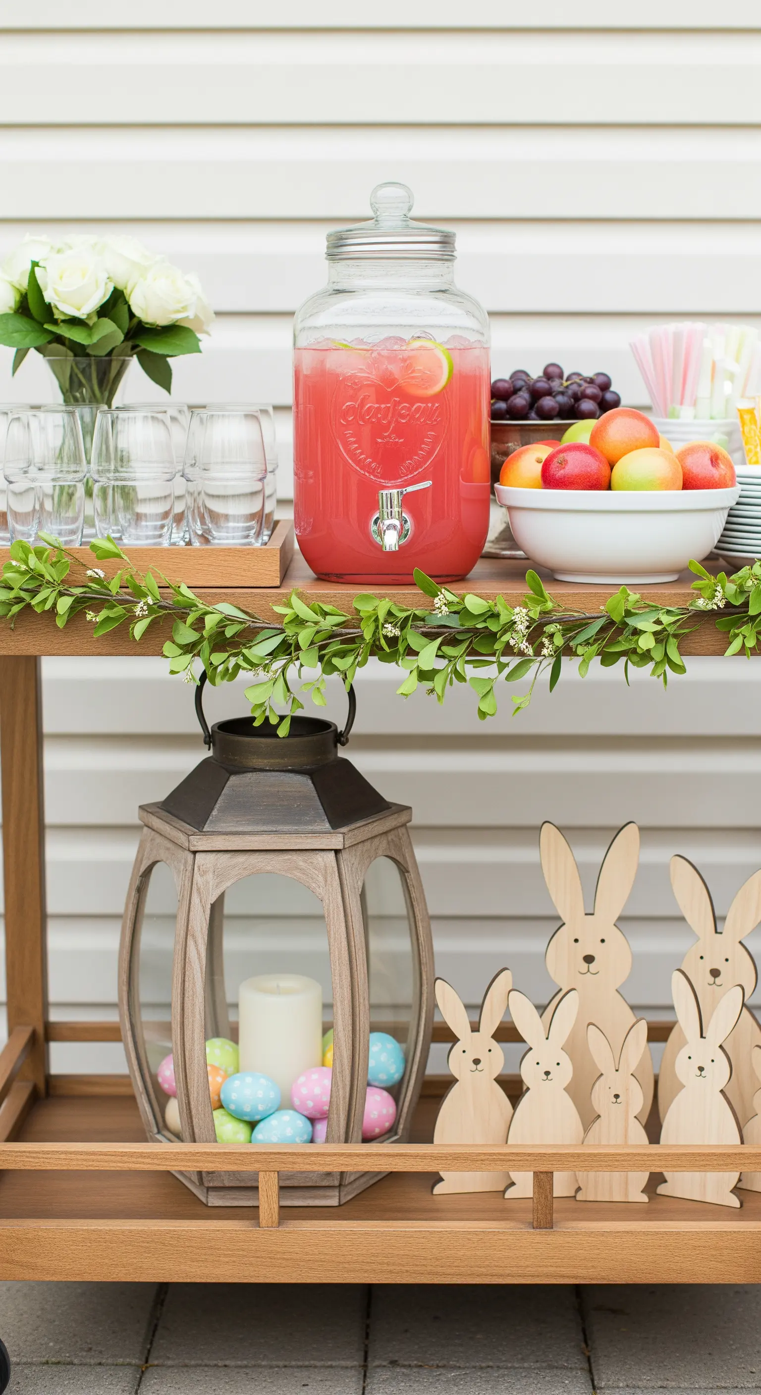 Carrello bar in legno decorato per Pasqua con lanterna, uova e coniglietti.