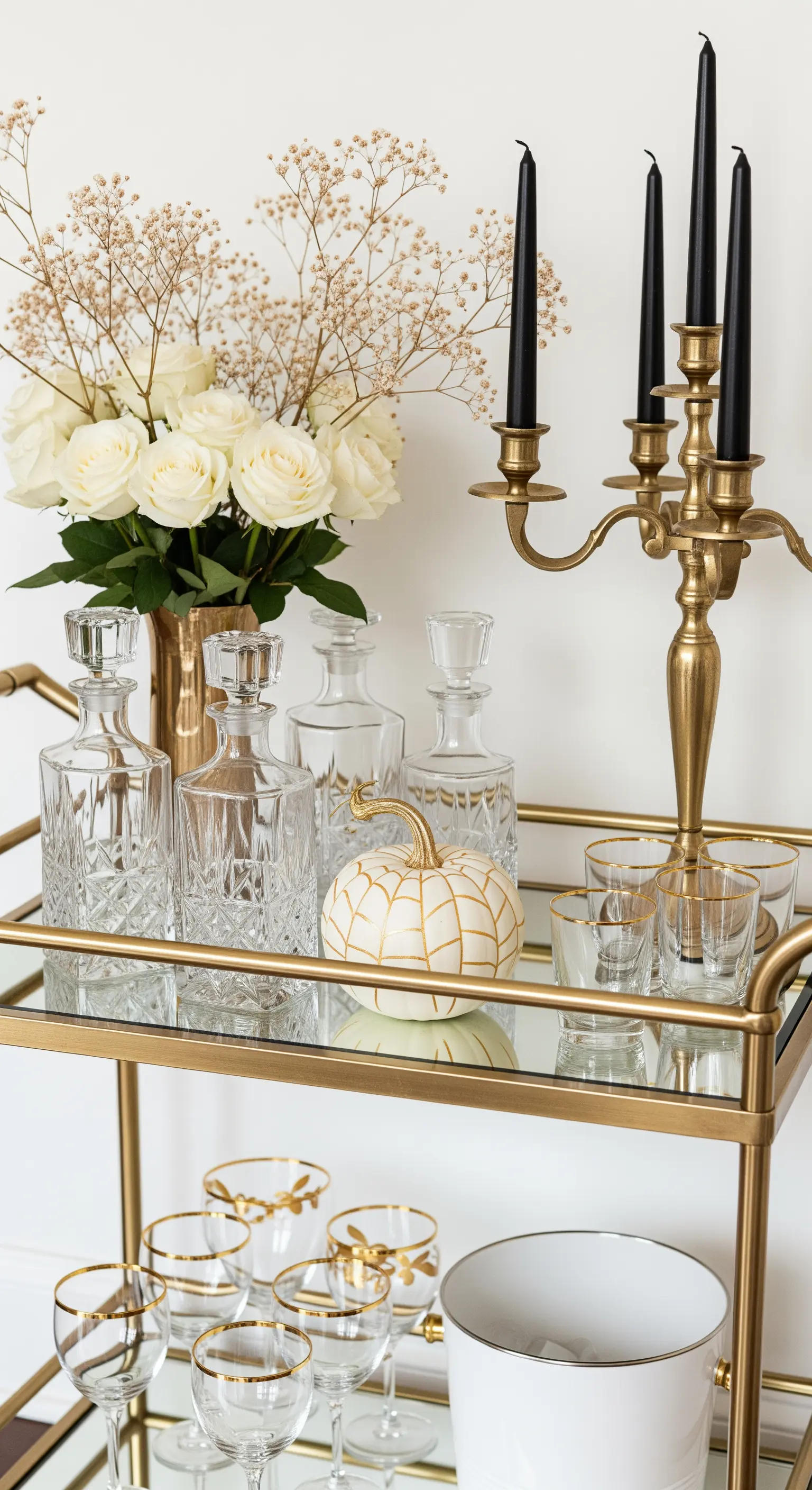 Carrello bar dorato con candelabro, rose bianche e zucca decorata