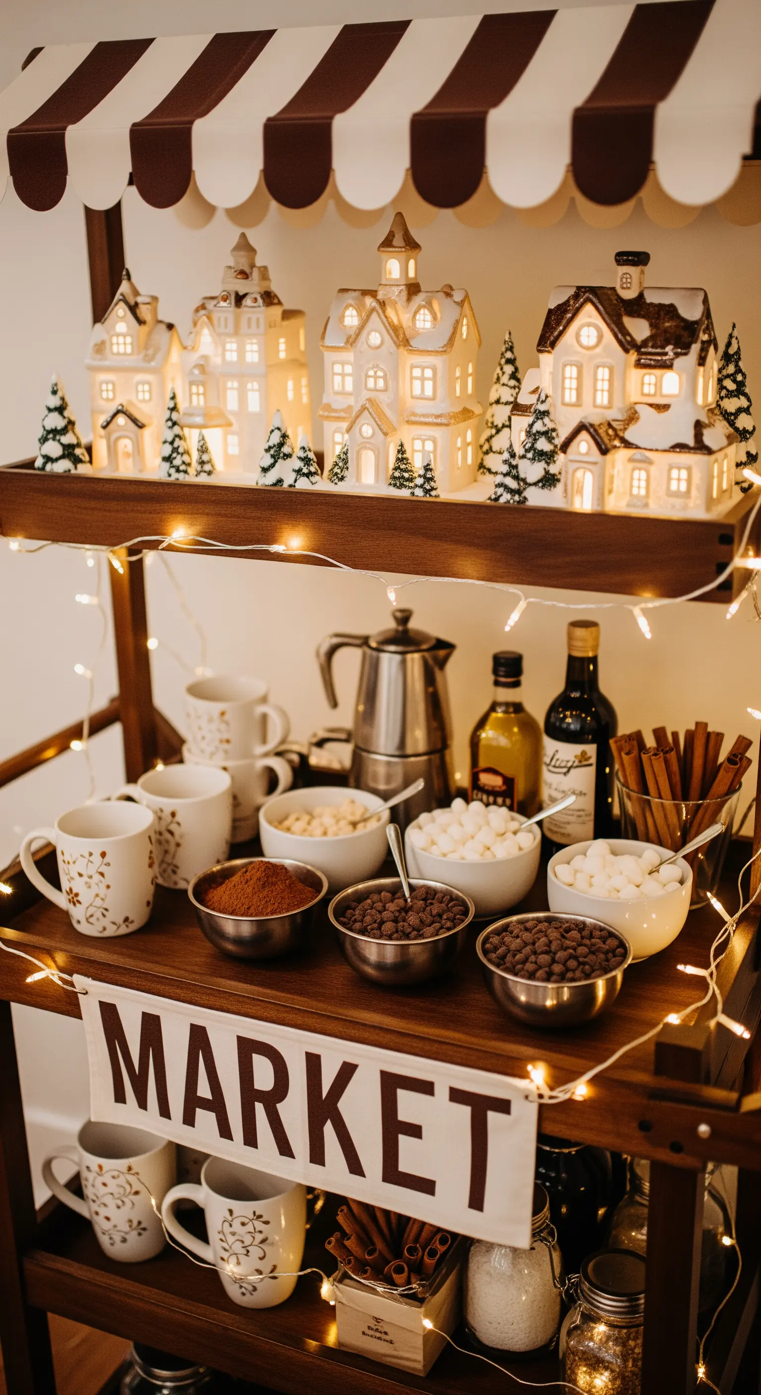 Carrello bar trasformato in mercatino natalizio con villaggio in ceramica e stazione per cioccolata calda.