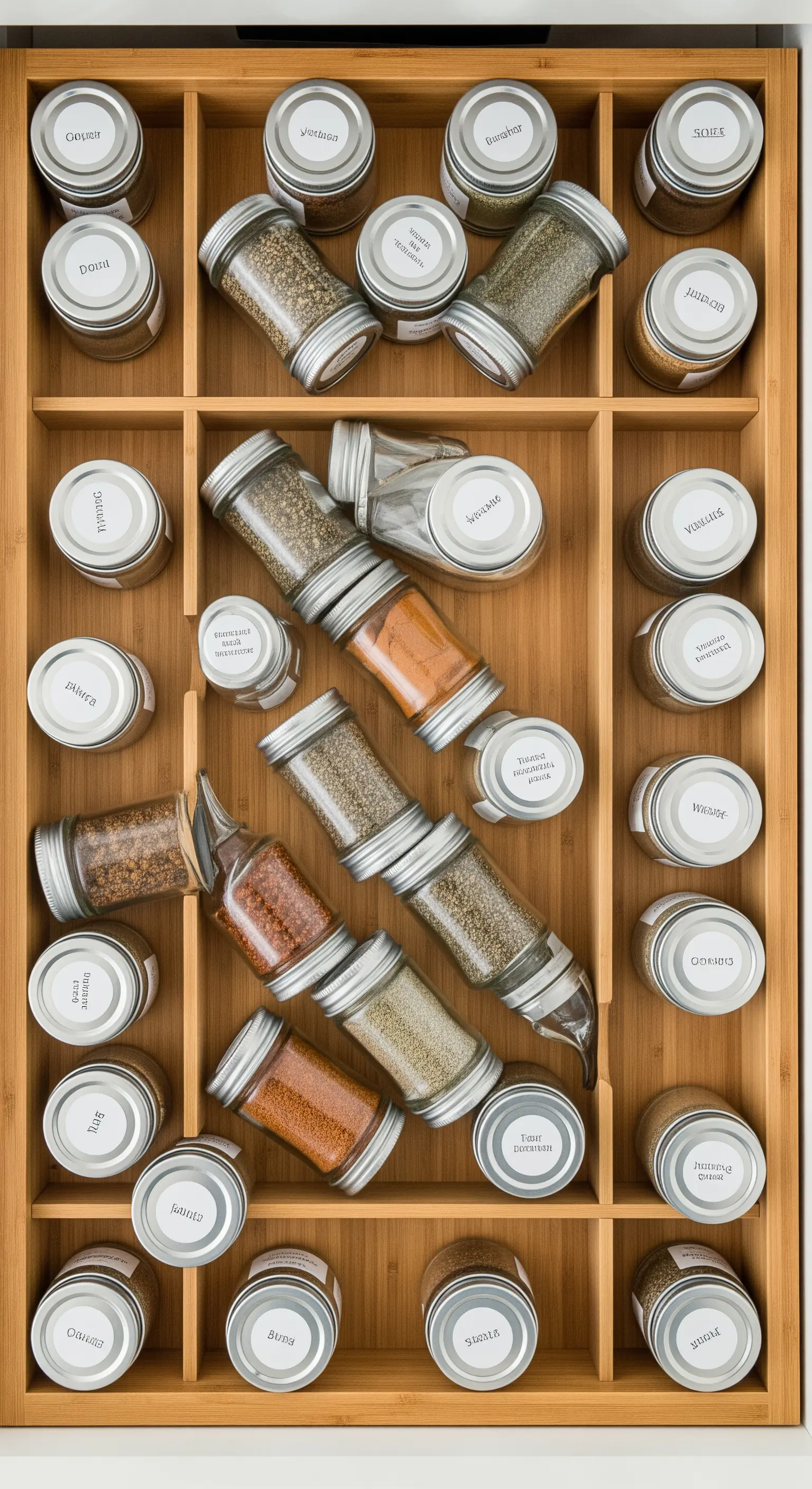 Cassetto delle spezie organizzato con un divisorio in legno e barattoli etichettati.
