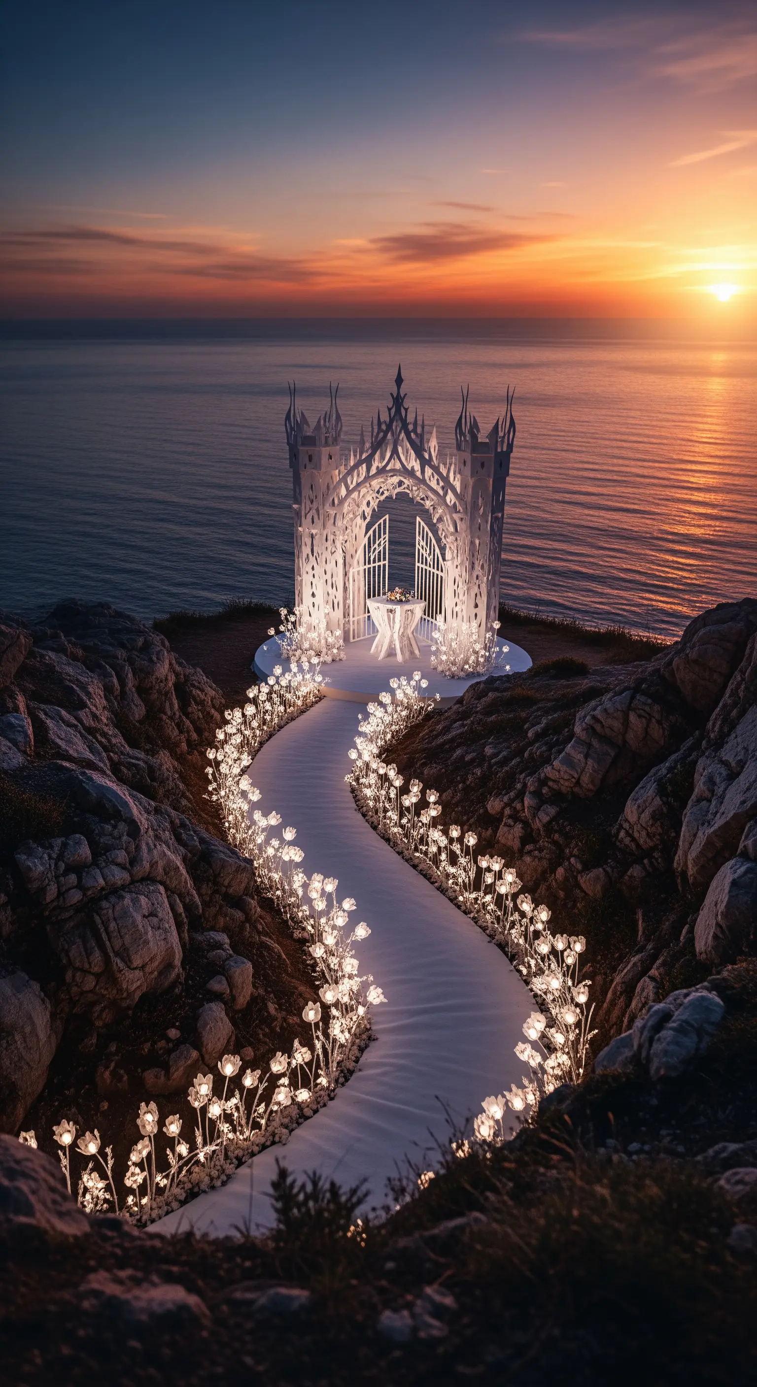 Sentiero luminoso che conduce a un castello bianco su una scogliera al tramonto.