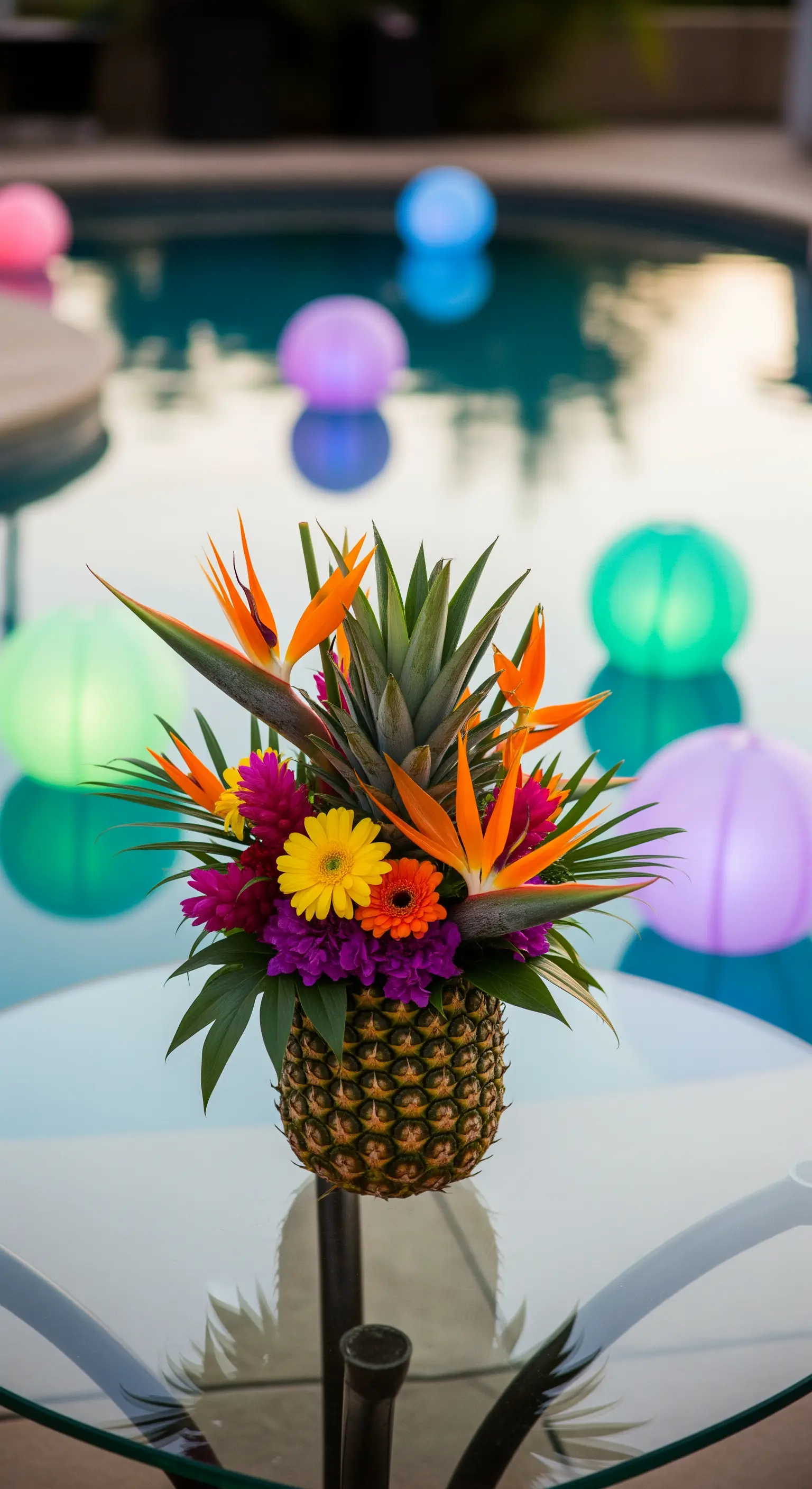 Centrotavola tropicale con fiori esotici inseriti in un ananas scavato, a bordo piscina.