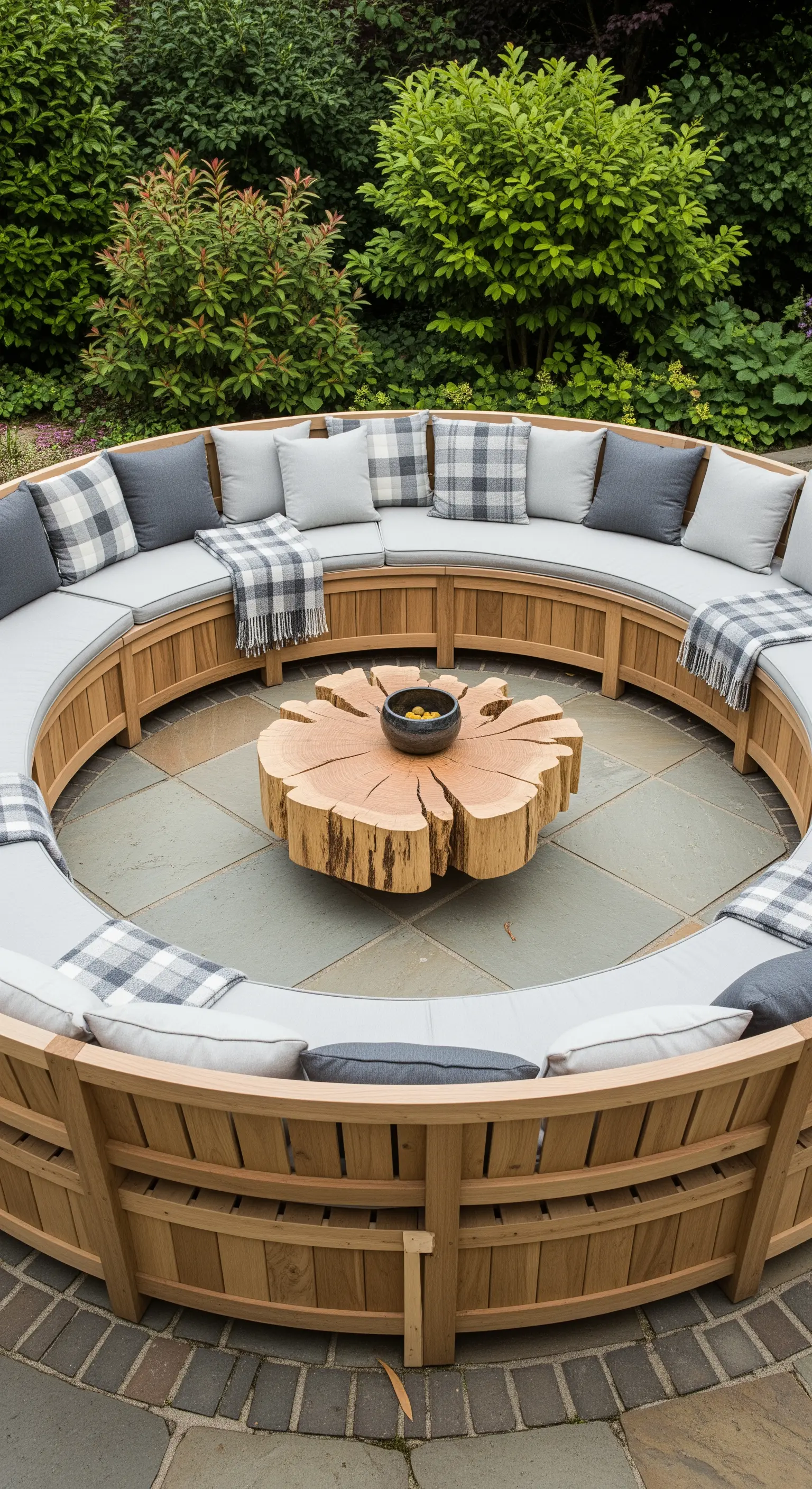 Area salotto circolare in legno con cuscini a quadri e tavolino a forma di tronco.