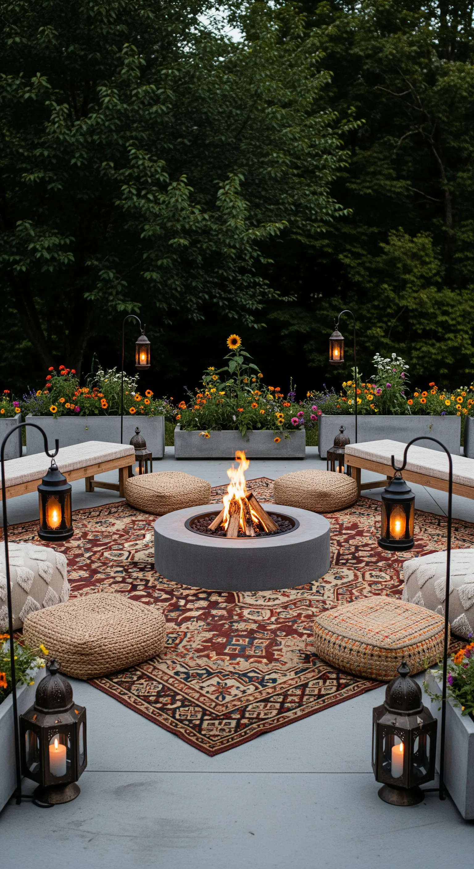 Spazio esterno con braciere centrale, pouf, panche e un grande tappeto kilim.