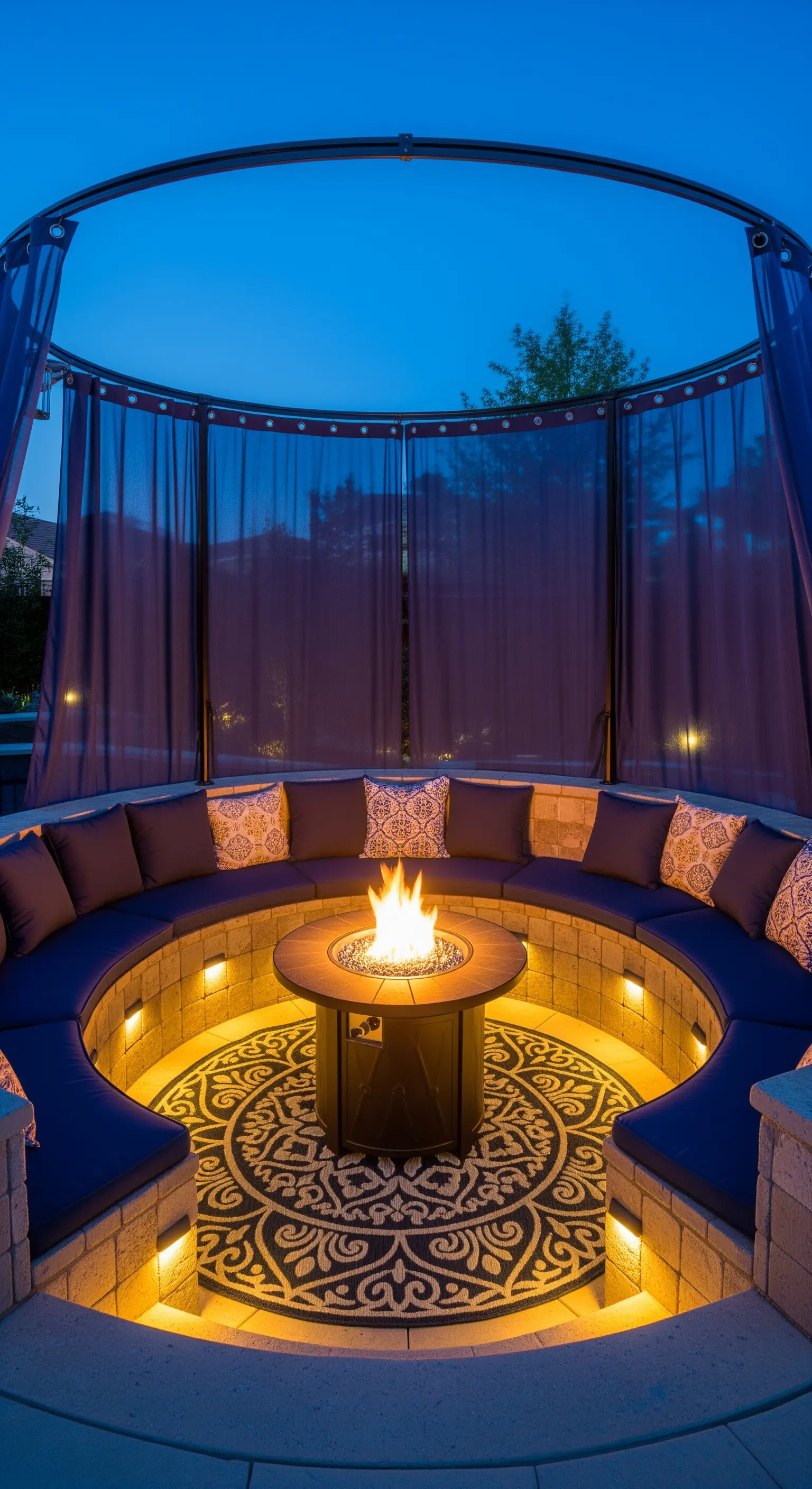 Braciere circolare con sedute in pietra illuminate dal basso e tende scure intorno.