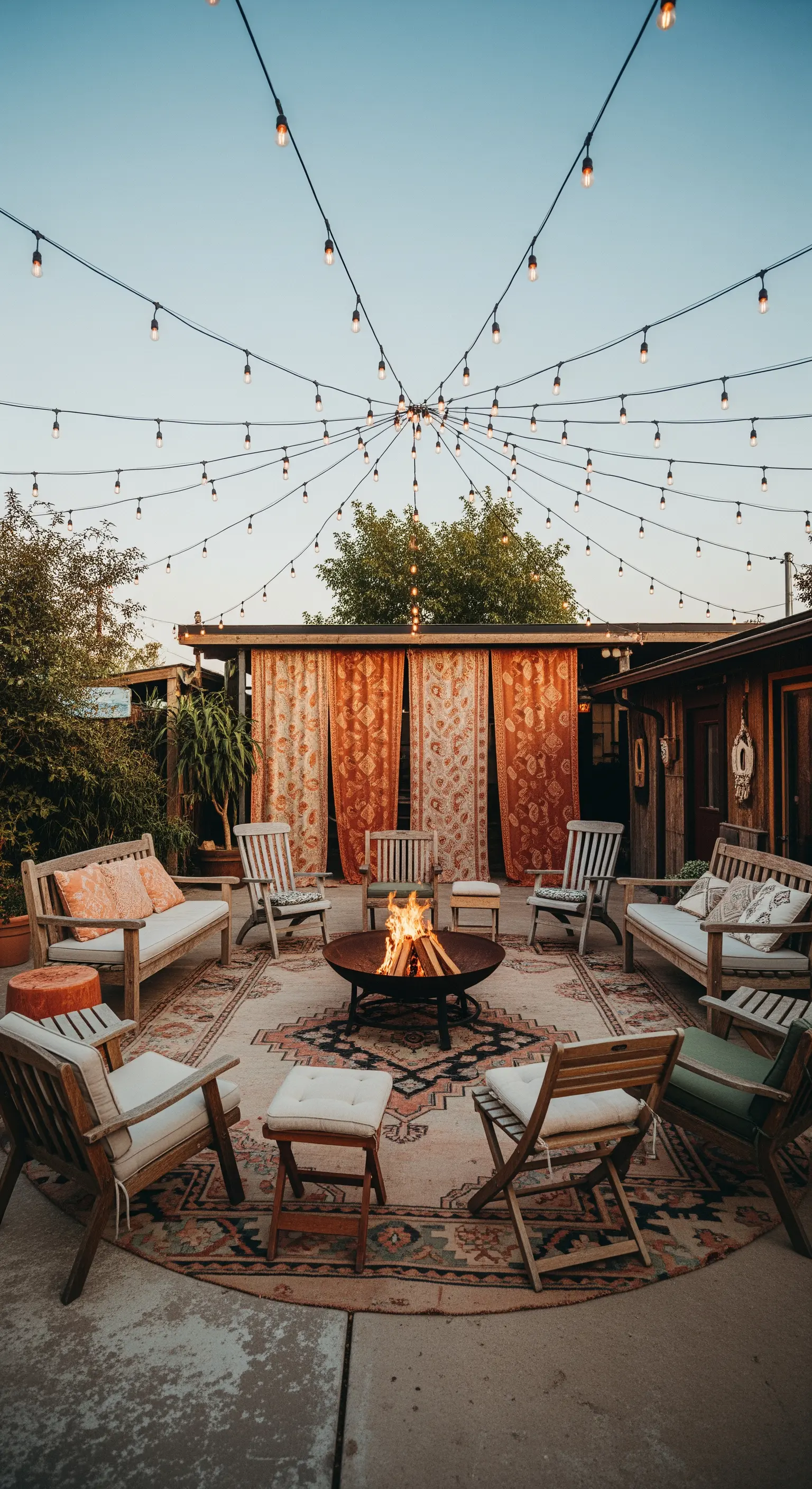 Patio con braciere centrale, sedie in cerchio e luci appese a raggiera.