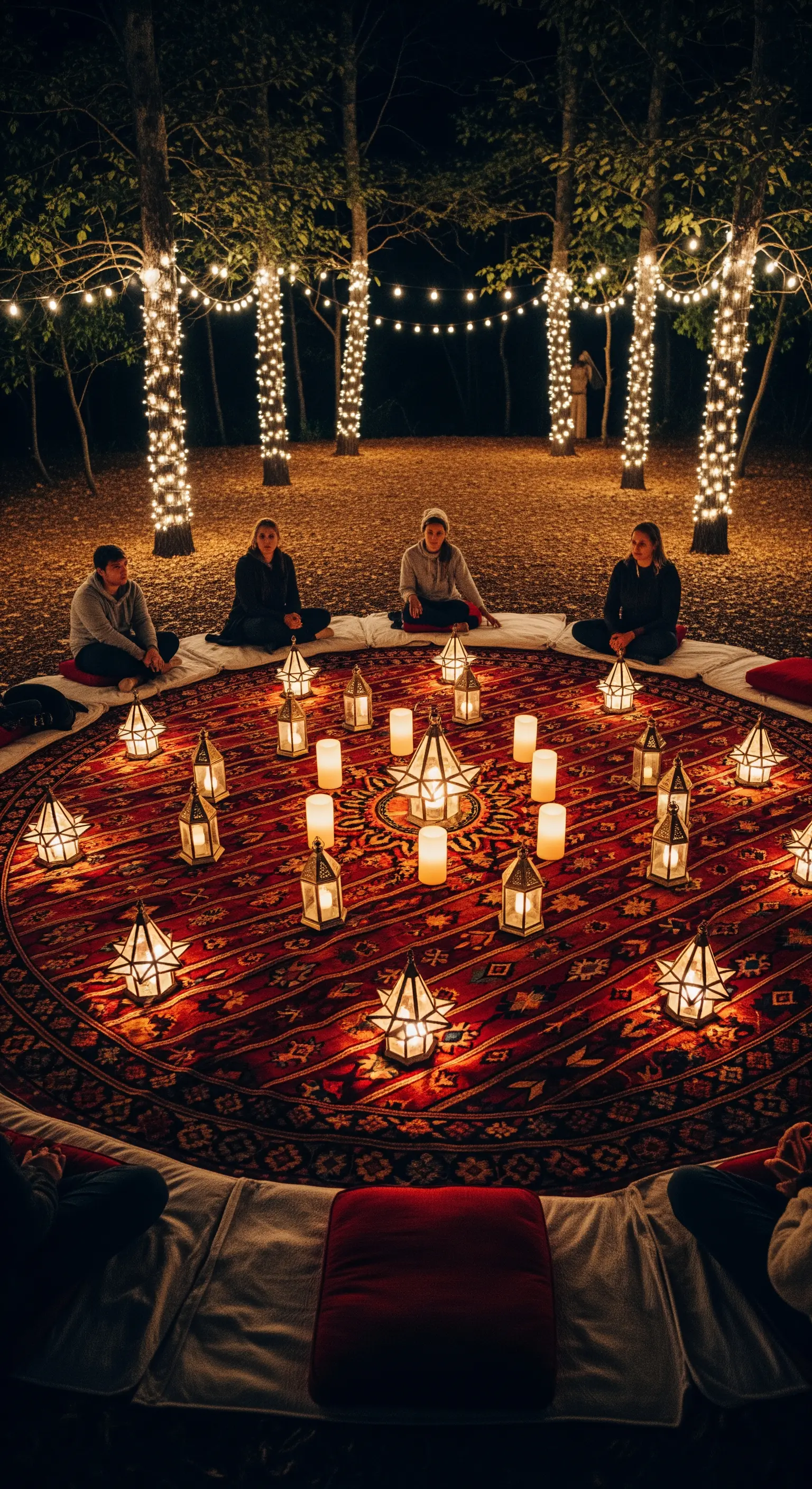 Gruppo di persone sedute su un tappeto circolare con un cerchio di lanterne al centro.