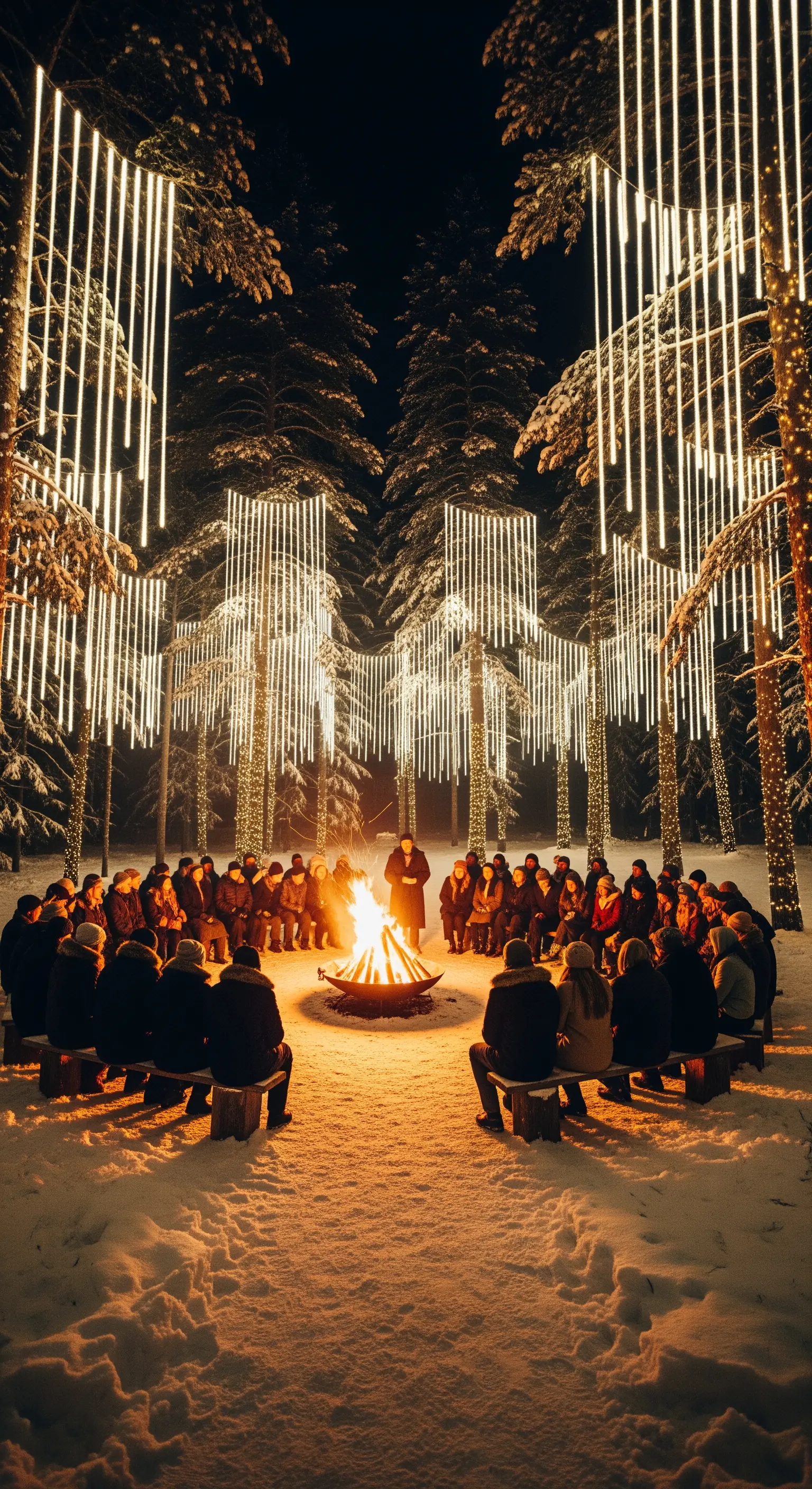 Gruppo di persone attorno a un falò in una foresta innevata di notte.