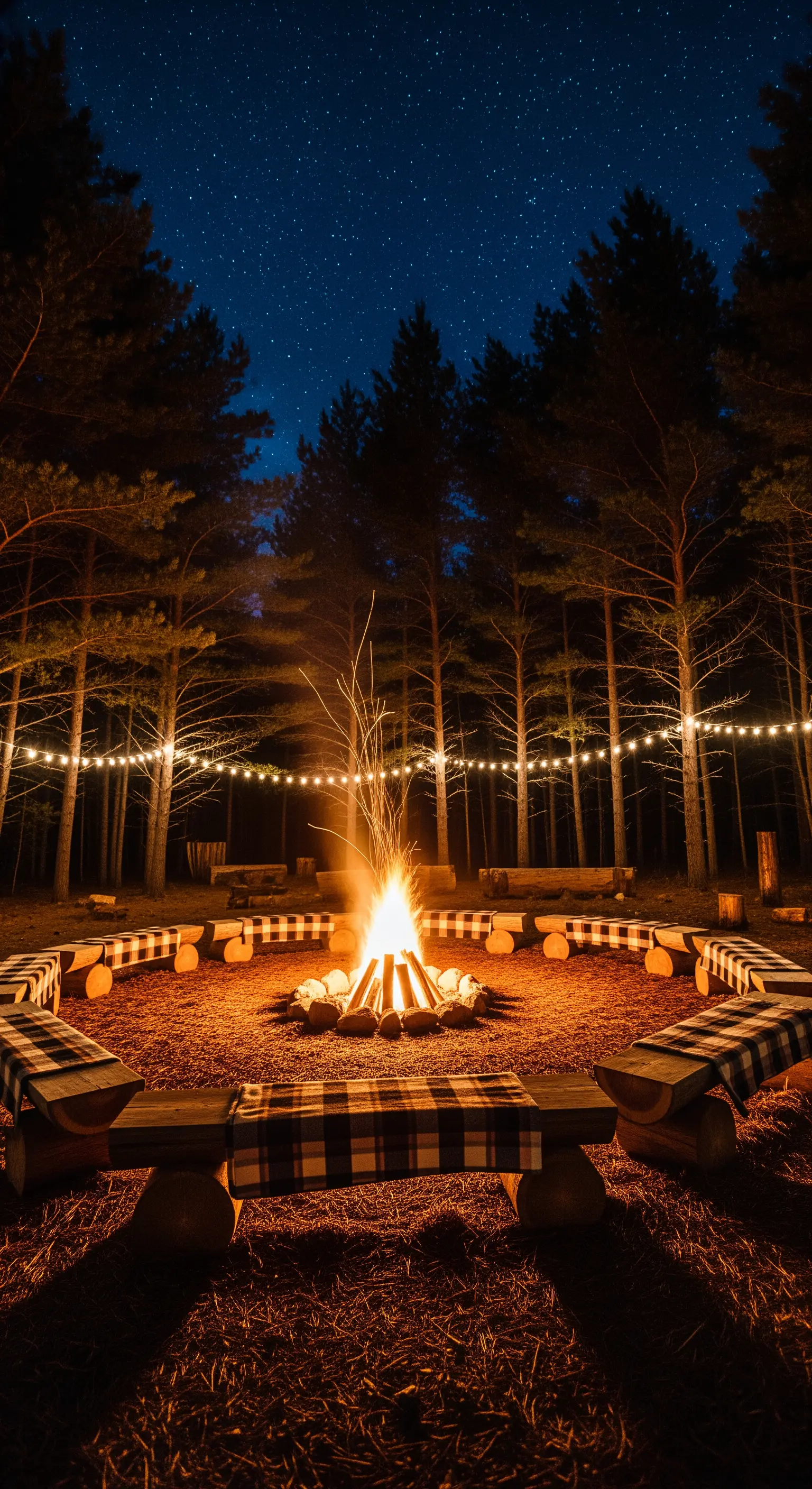 Falò notturno in una foresta, circondato da panche di legno coperte da plaid.