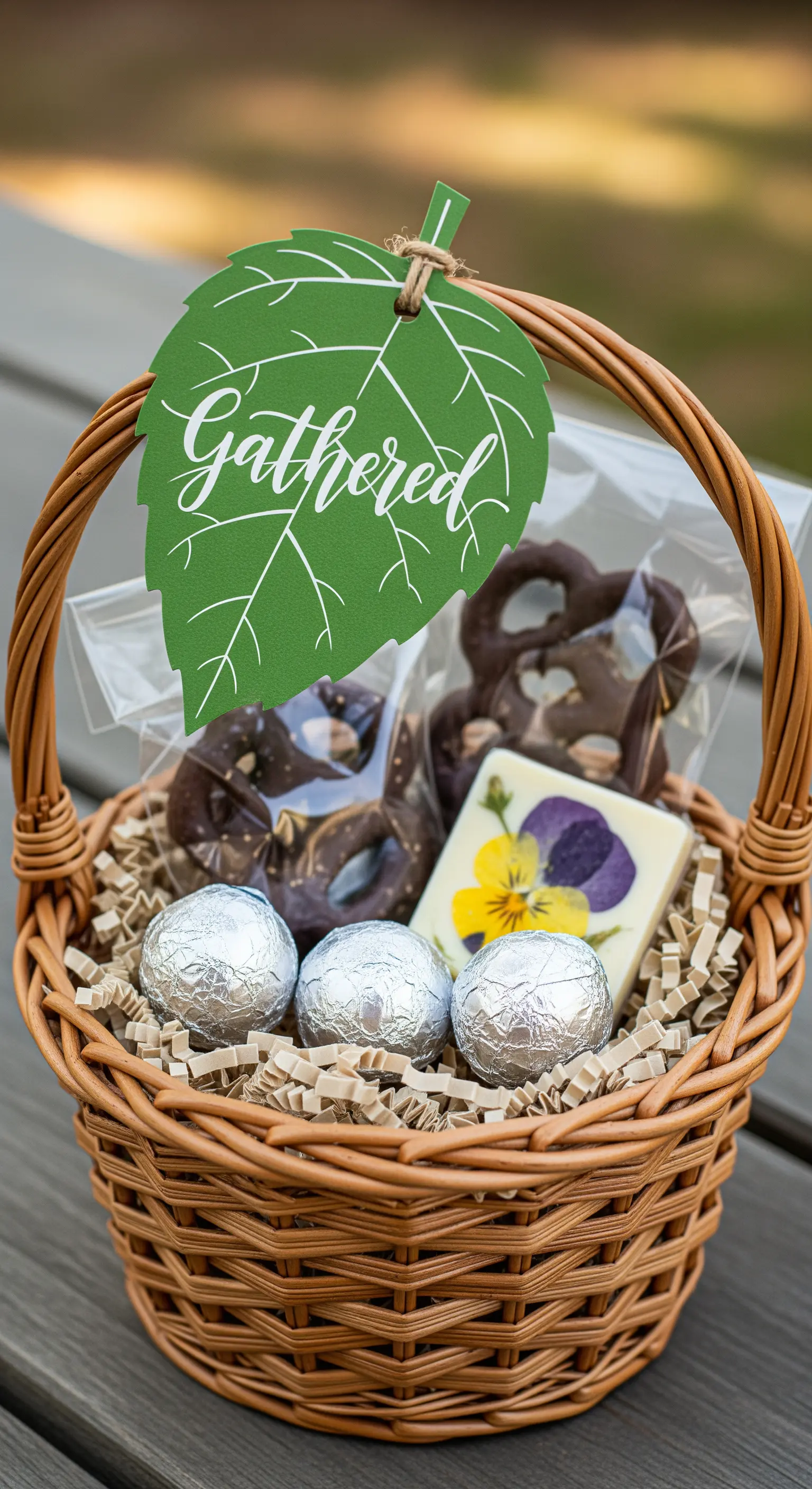 Cestino di vimini pieno di dolcetti al cioccolato, tra cui una tavoletta con fiori eduli.