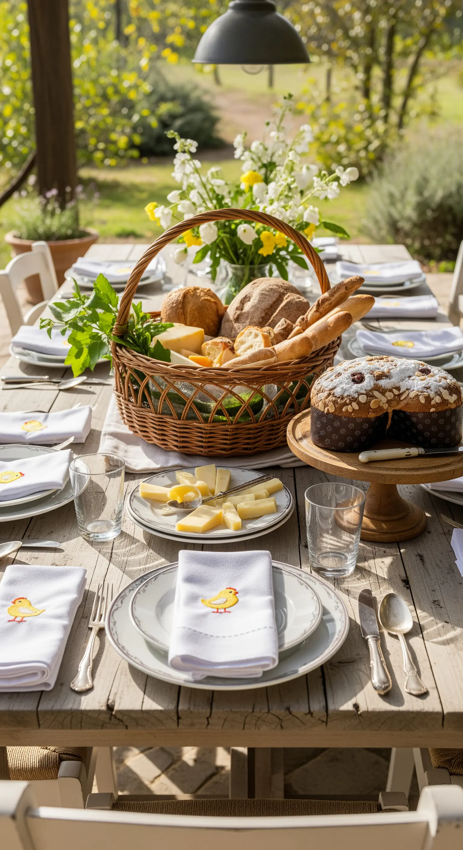 Tavola pasquale all'aperto con cesto di vimini, pane, formaggi e colomba.