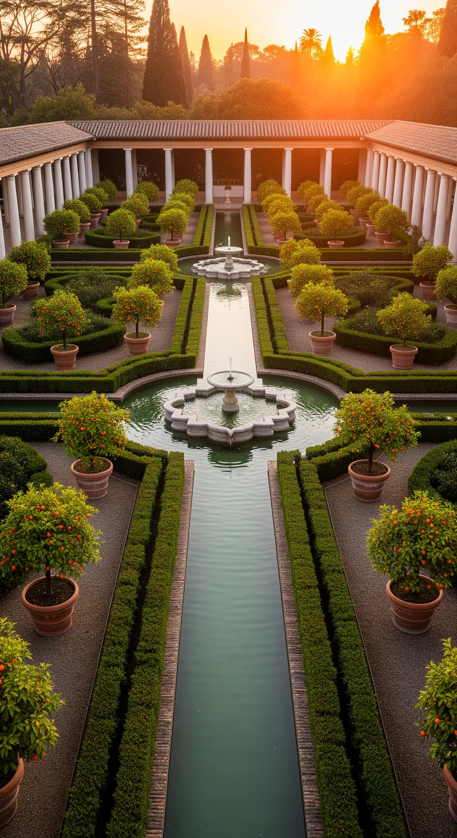 Cortile interno in stile chiostro con colonnato, canali d'acqua e alberi di arancio in vaso