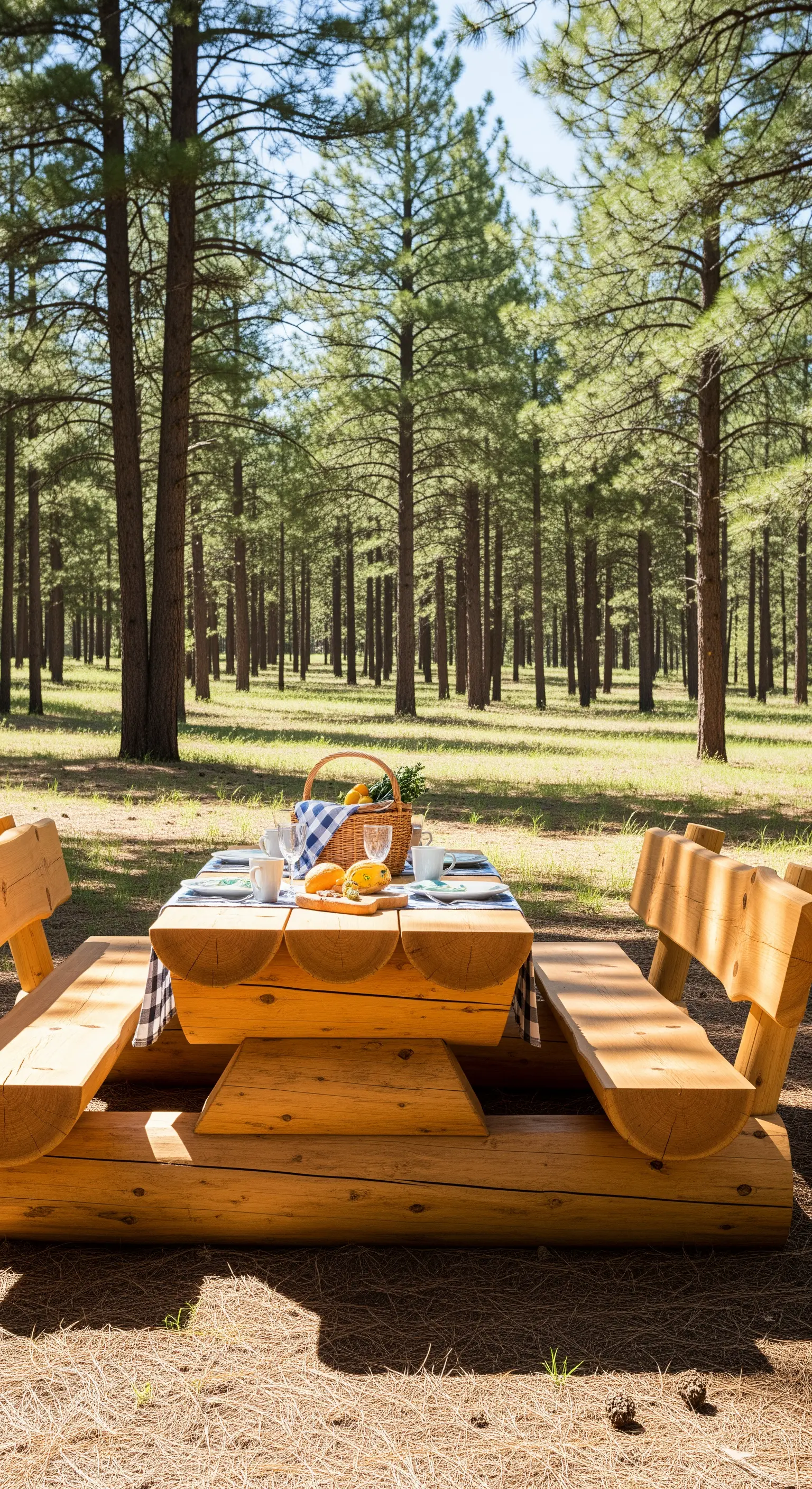 Tavolo da picnic interamente realizzato con tronchi di legno, apparecchiato in una radura nel bosco.
