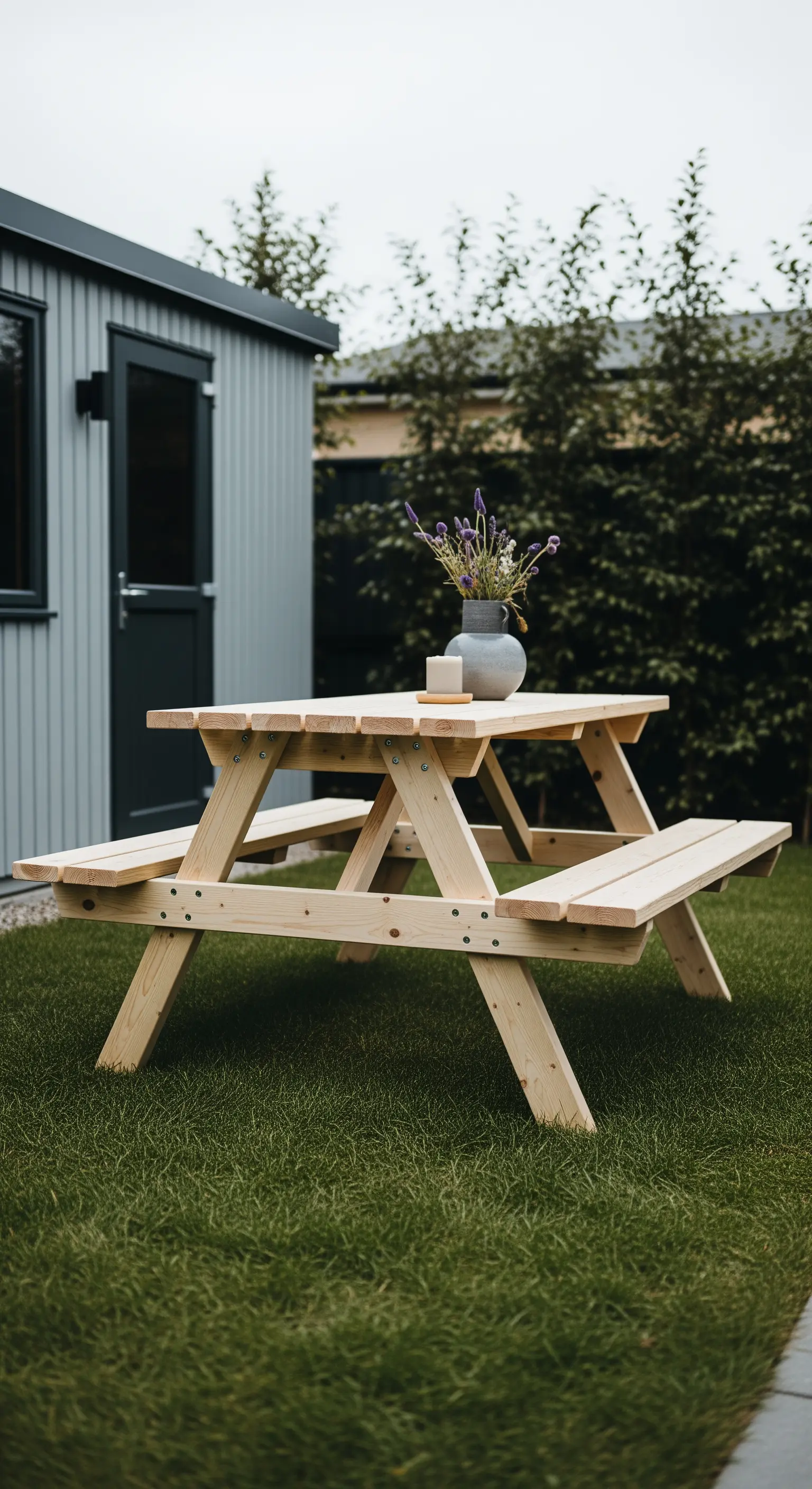Classico tavolo da picnic in legno chiaro con struttura ad A, posizionato su un prato verde.