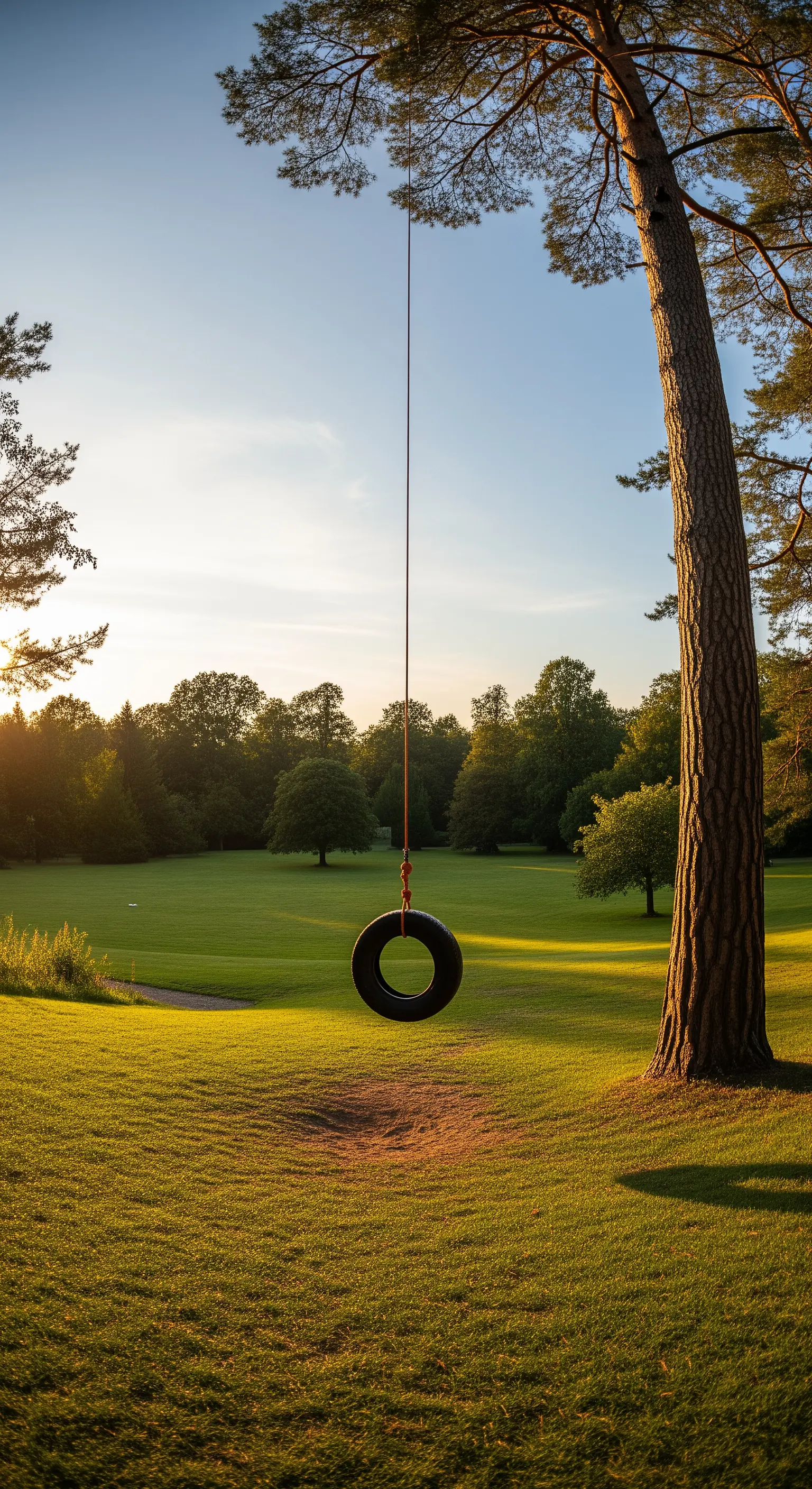 Classica altalena con pneumatico nero appesa con una corda molto lunga a un albero alto.