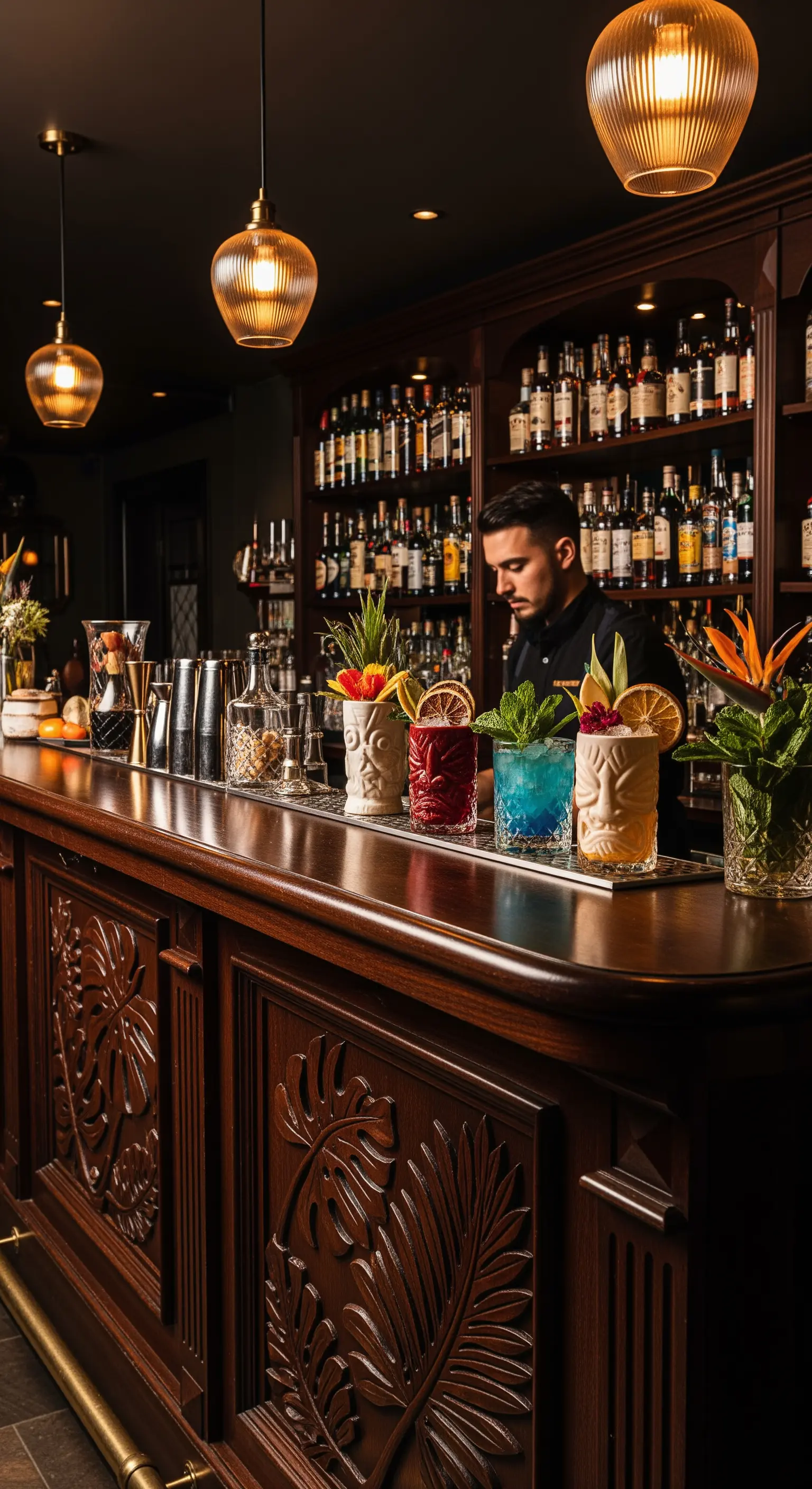 Bartender prepara cocktail tiki in un bar con bancone in legno intagliato e luci soffuse.