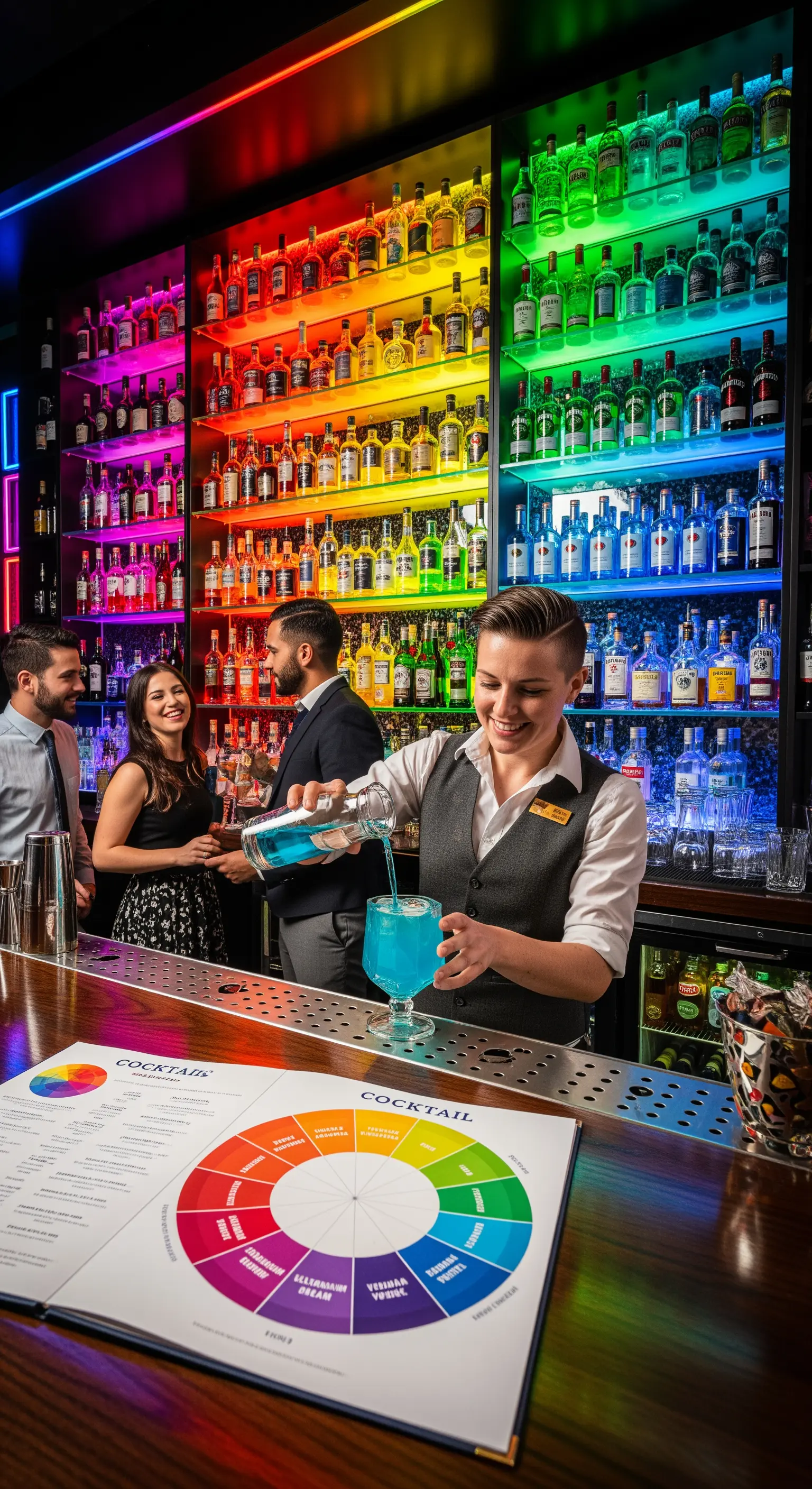 Cocktail bar con bottiglie disposte su scaffali illuminati a LED con i colori dell'arcobaleno.