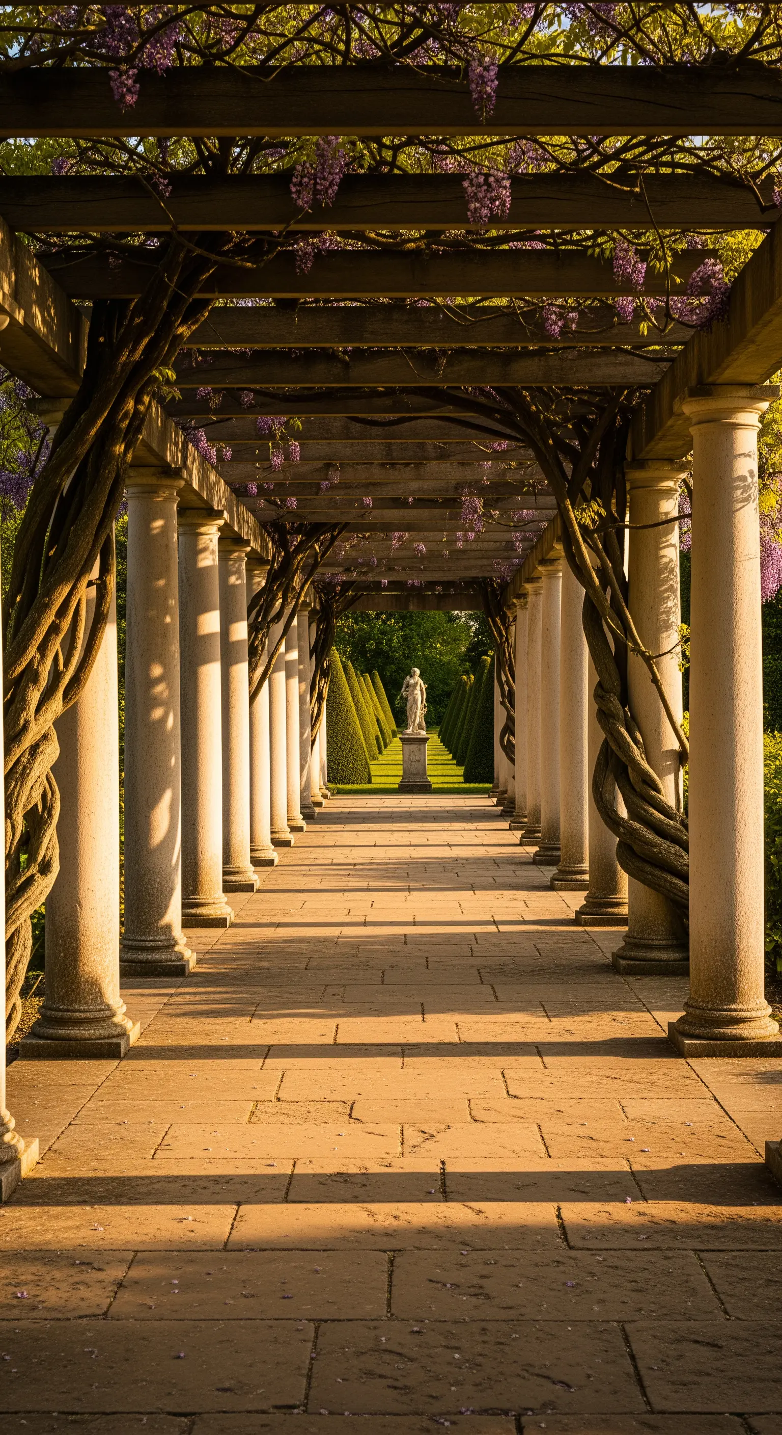 Lungo pergolato con colonne in pietra e travi in legno, avvolto da rami di glicine in fiore