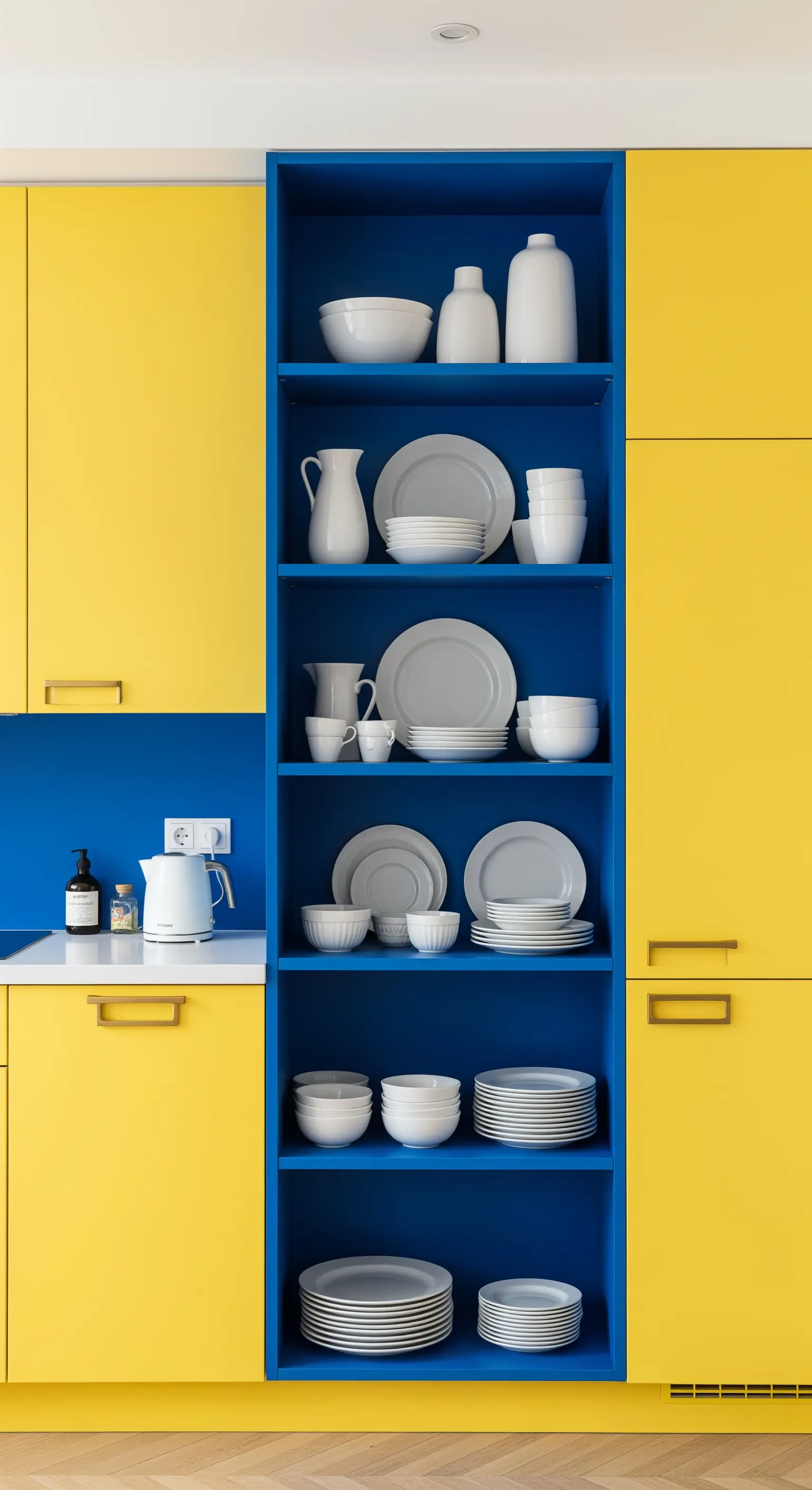 Libreria blu elettrico con stoviglie bianche, incastonata in una cucina gialla.