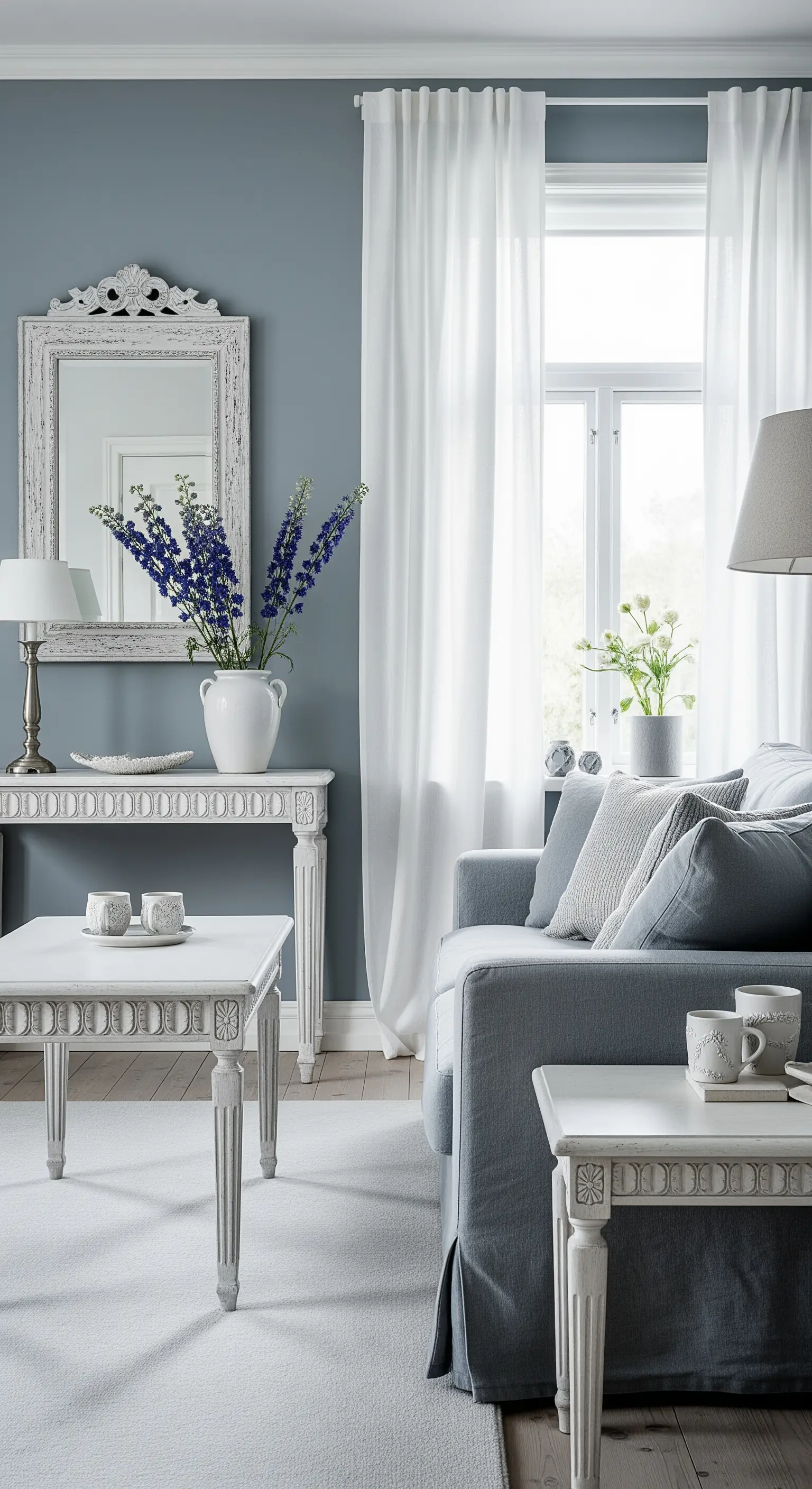 Soggiorno con parete blu-grigio e mobili bianchi intagliati in stile shabby chic.