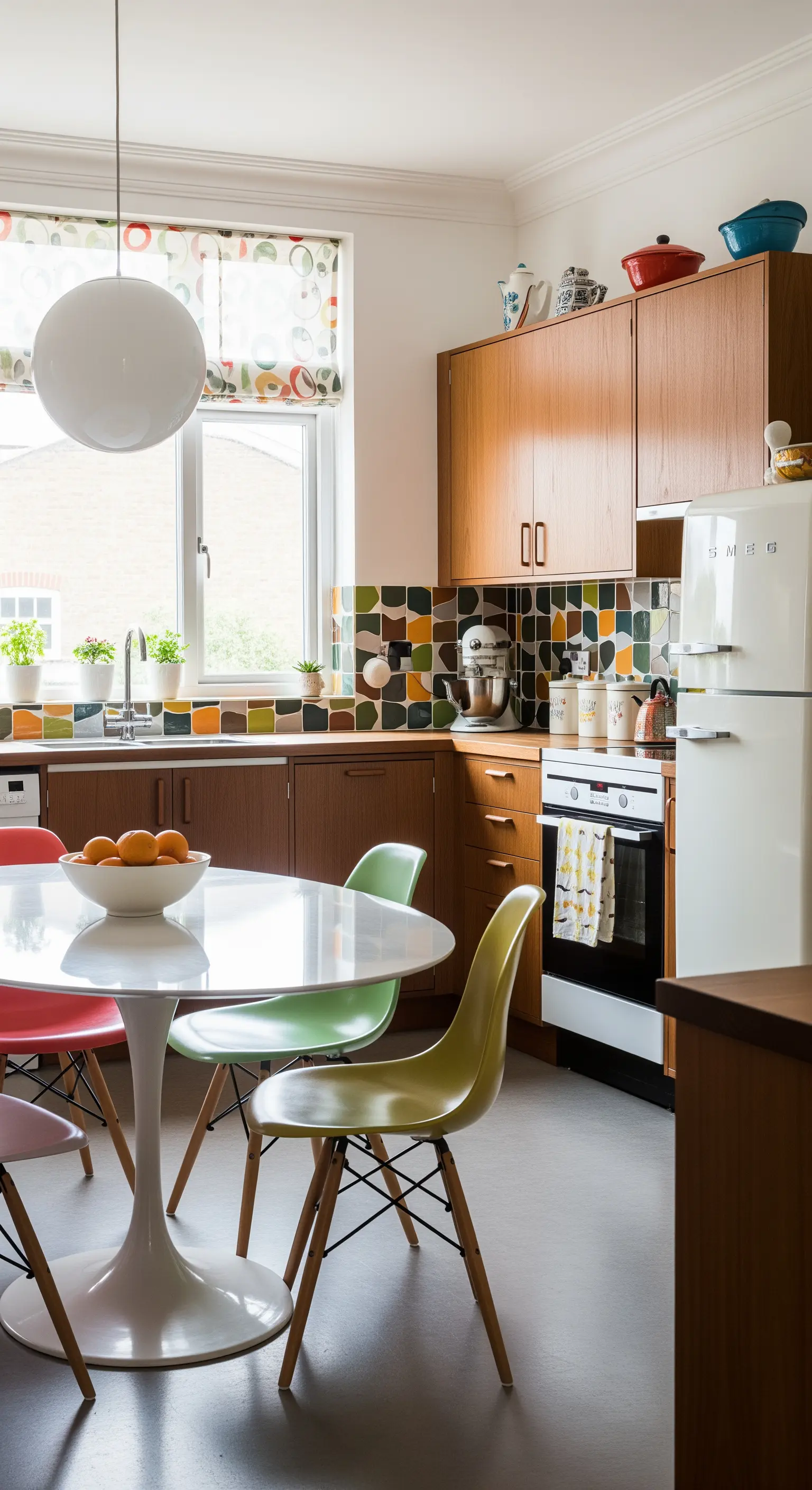 Cucina in stile retrò con mobili in legno, piastrelle colorate e tenda a fantasia.