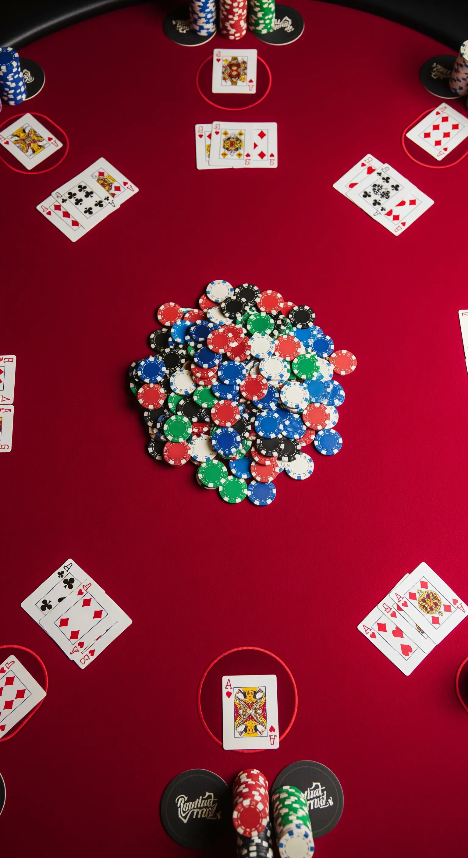 Tavolo da poker con panno rosso, carte e una pila colorata di fiches al centro.
