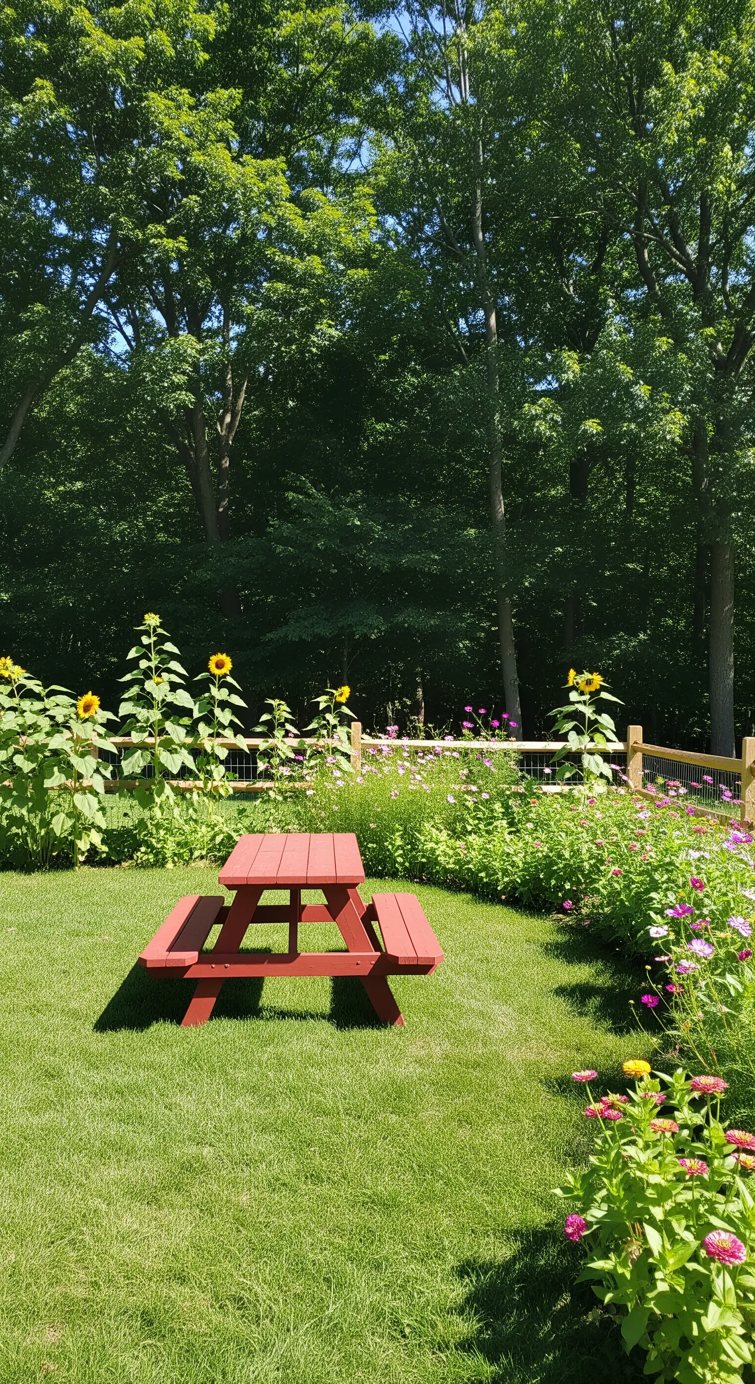 Tavolo da picnic rosso al centro di un prato circondato da girasoli e fiori colorati.