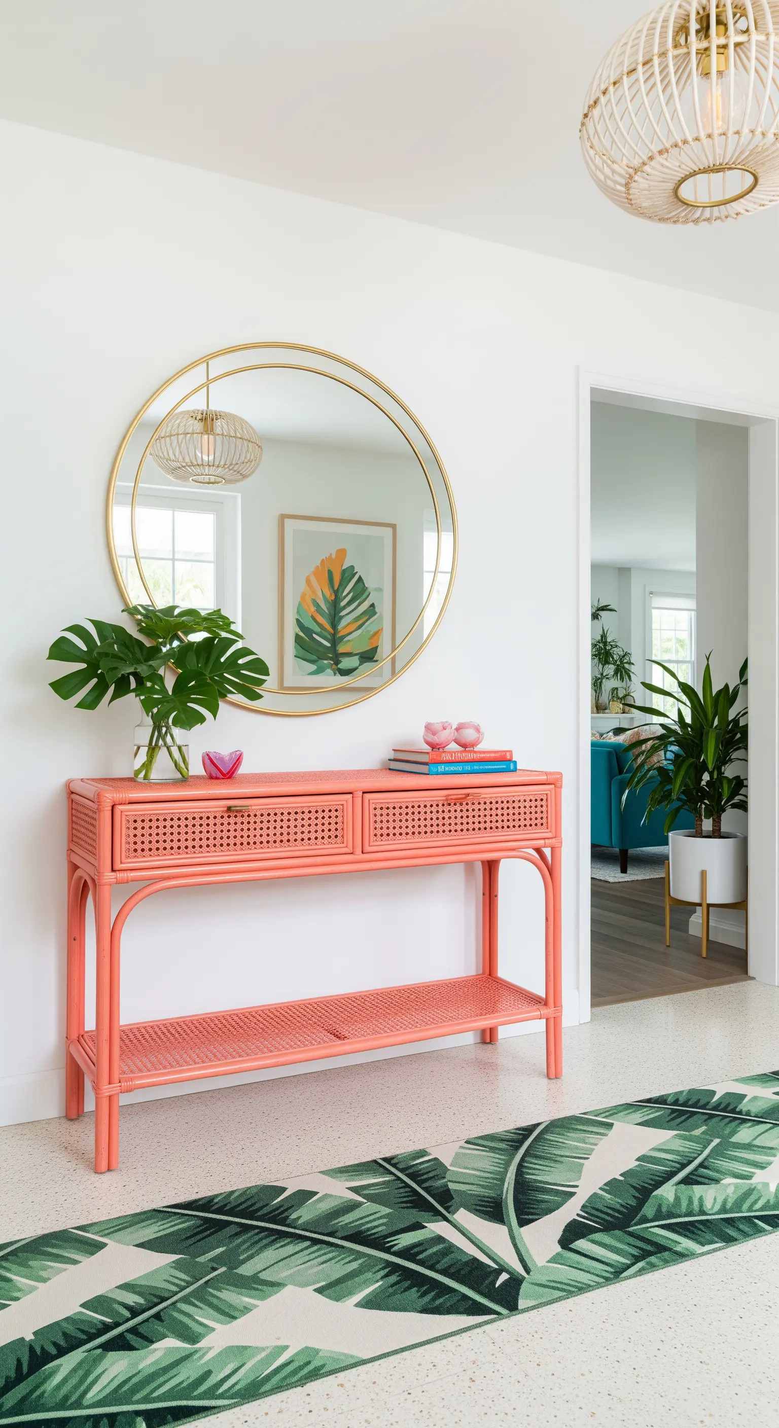 Consolle in rattan color corallo con specchio dorato rotondo e runner a foglie di palma.