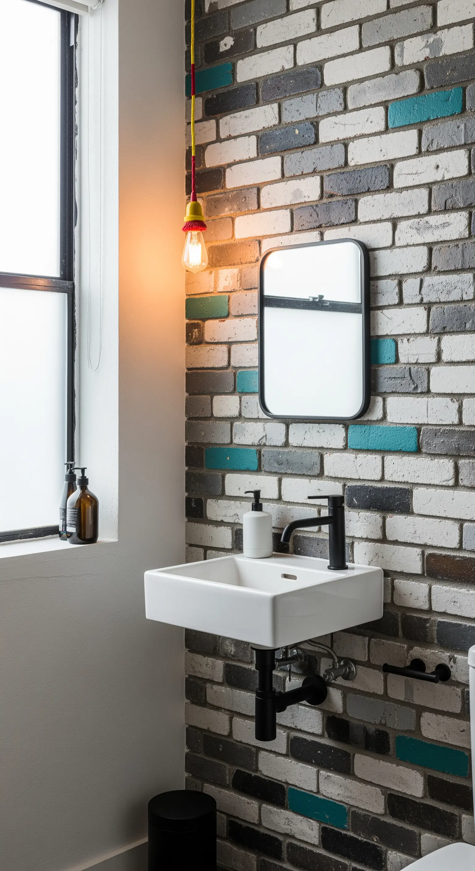 Parete di mattoni con alcuni elementi colorati e lampadina sospesa con cavo giallo e rosso.