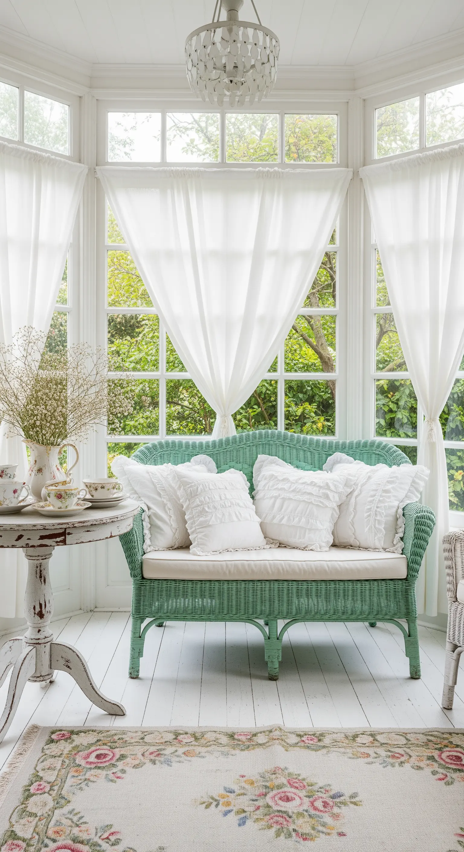 Divanetto in vimini verde menta in una veranda bianca in stile shabby chic.
