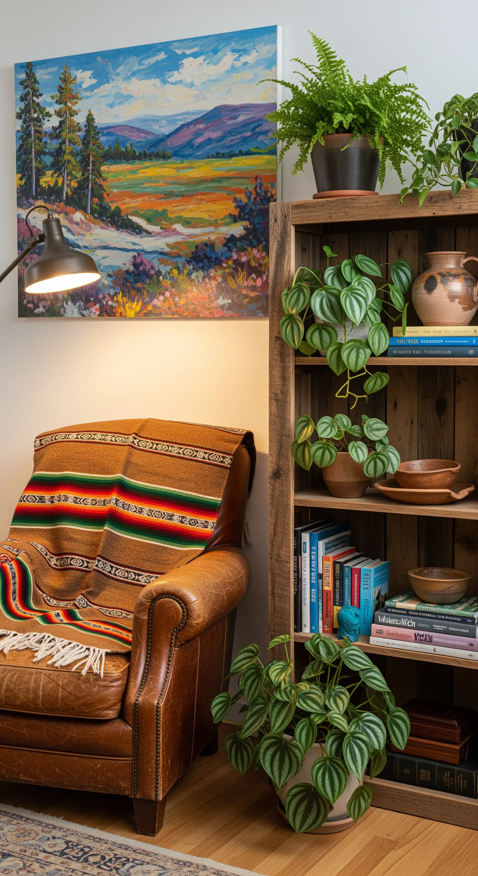 Poltrona in pelle marrone invecchiata accanto a una libreria in legno rustico piena di libri e piante.