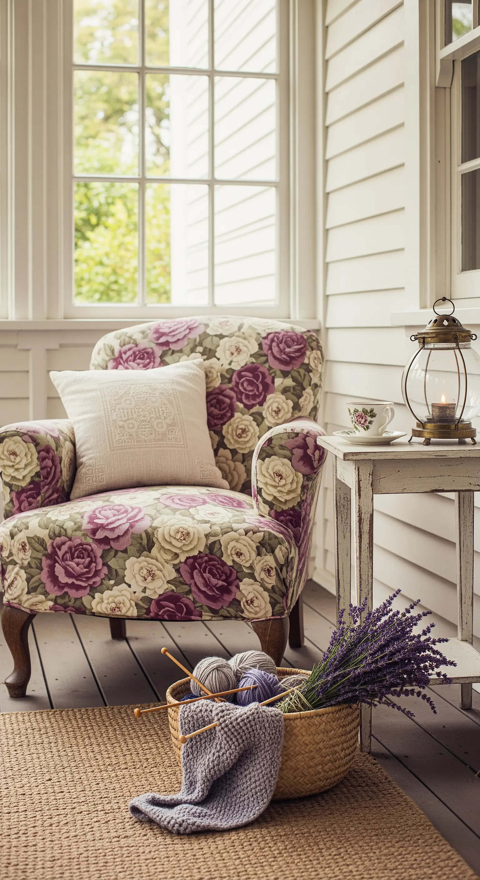 Poltrona foderata con tessuto a rose, un cestino con gomitoli di lana e un mazzo di lavanda.