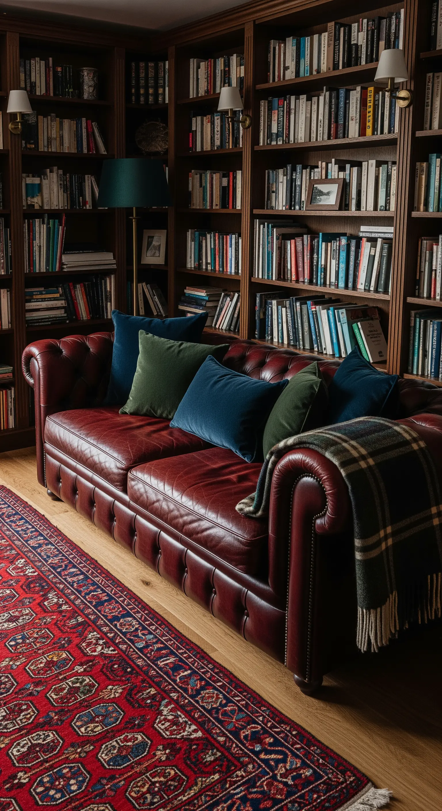 Divano Chesterfield in pelle in una biblioteca, con cuscini in velluto e un tappeto persiano.