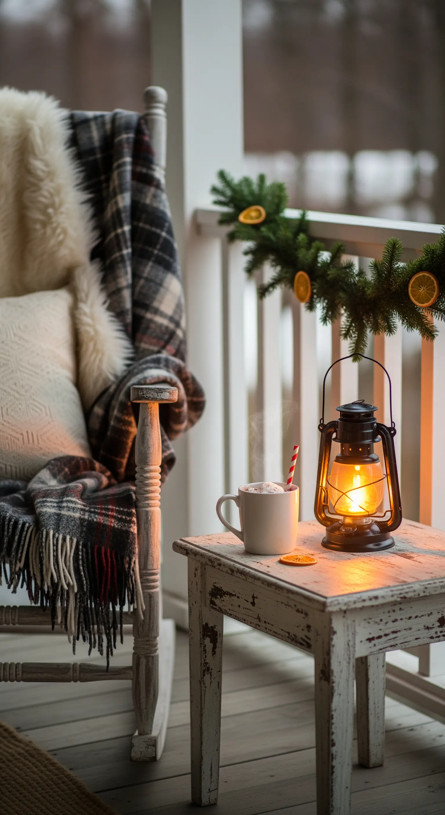 Scena invernale su un portico con sedia a dondolo, plaid scozzese e una lanterna accesa.