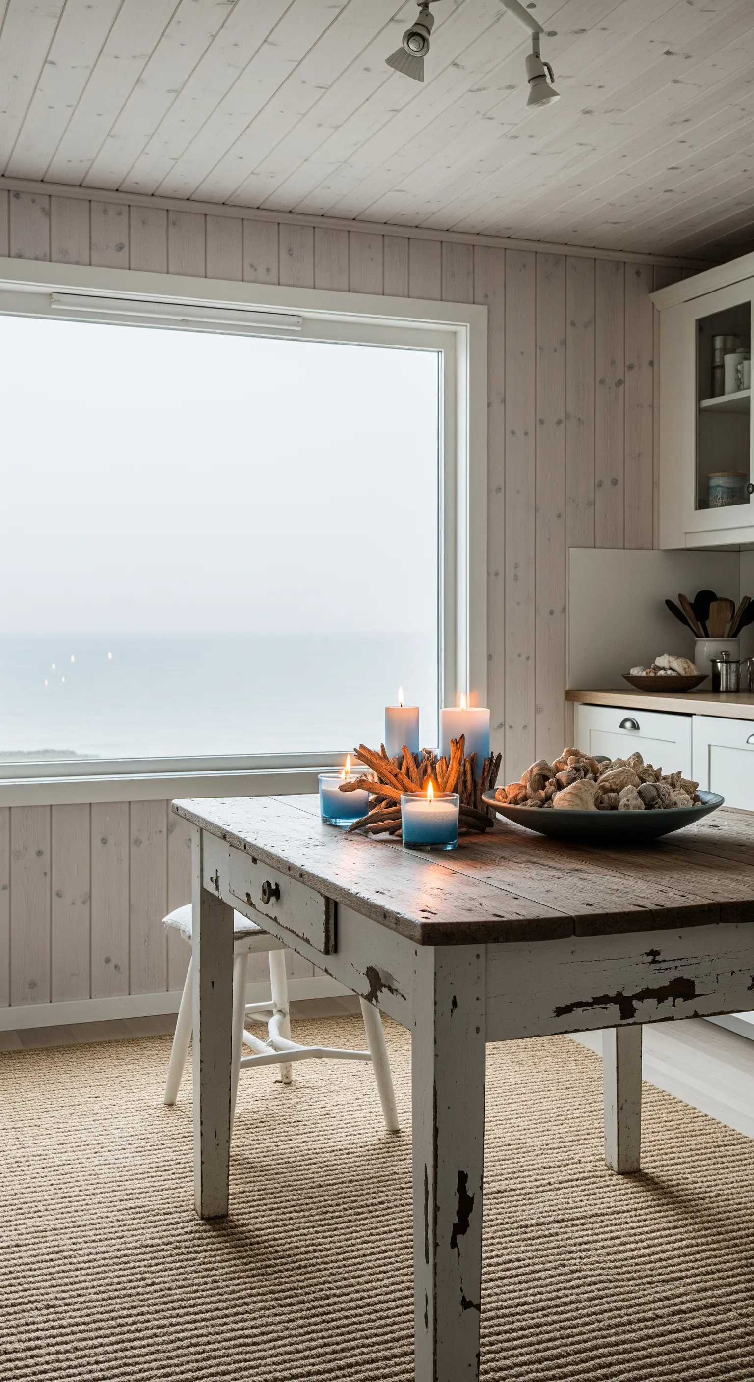 Tavolo rustico con vernice scrostata su un tappeto di iuta in una cucina con vista sul mare.