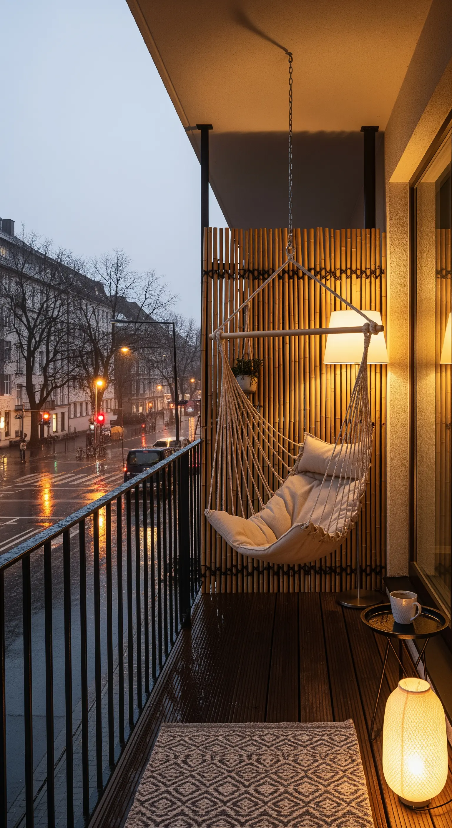 Amaca sospesa su un balcone con pavimento in legno durante una serata di pioggia.