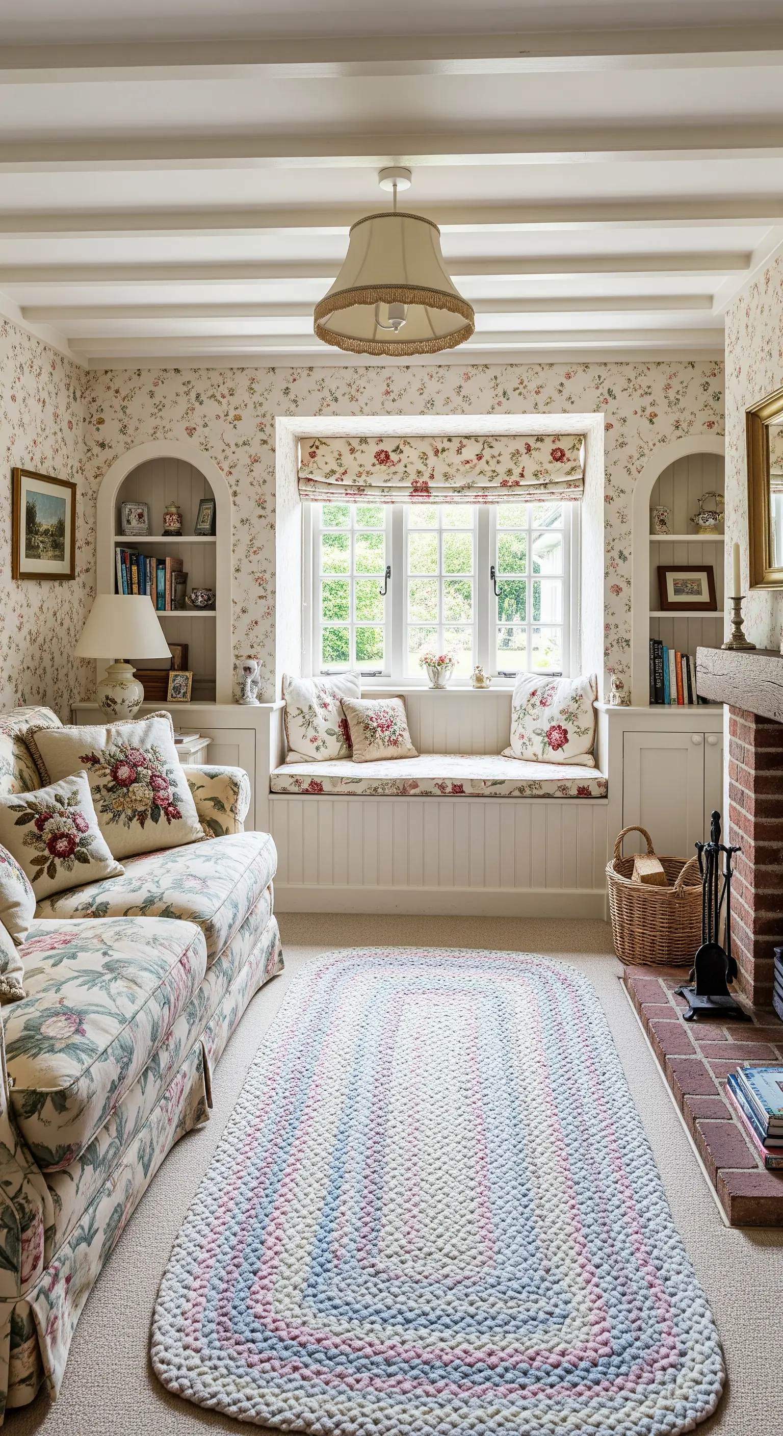 Salotto in stile cottage inglese con carta da parati e tessuti floreali e tappeto intrecciato.