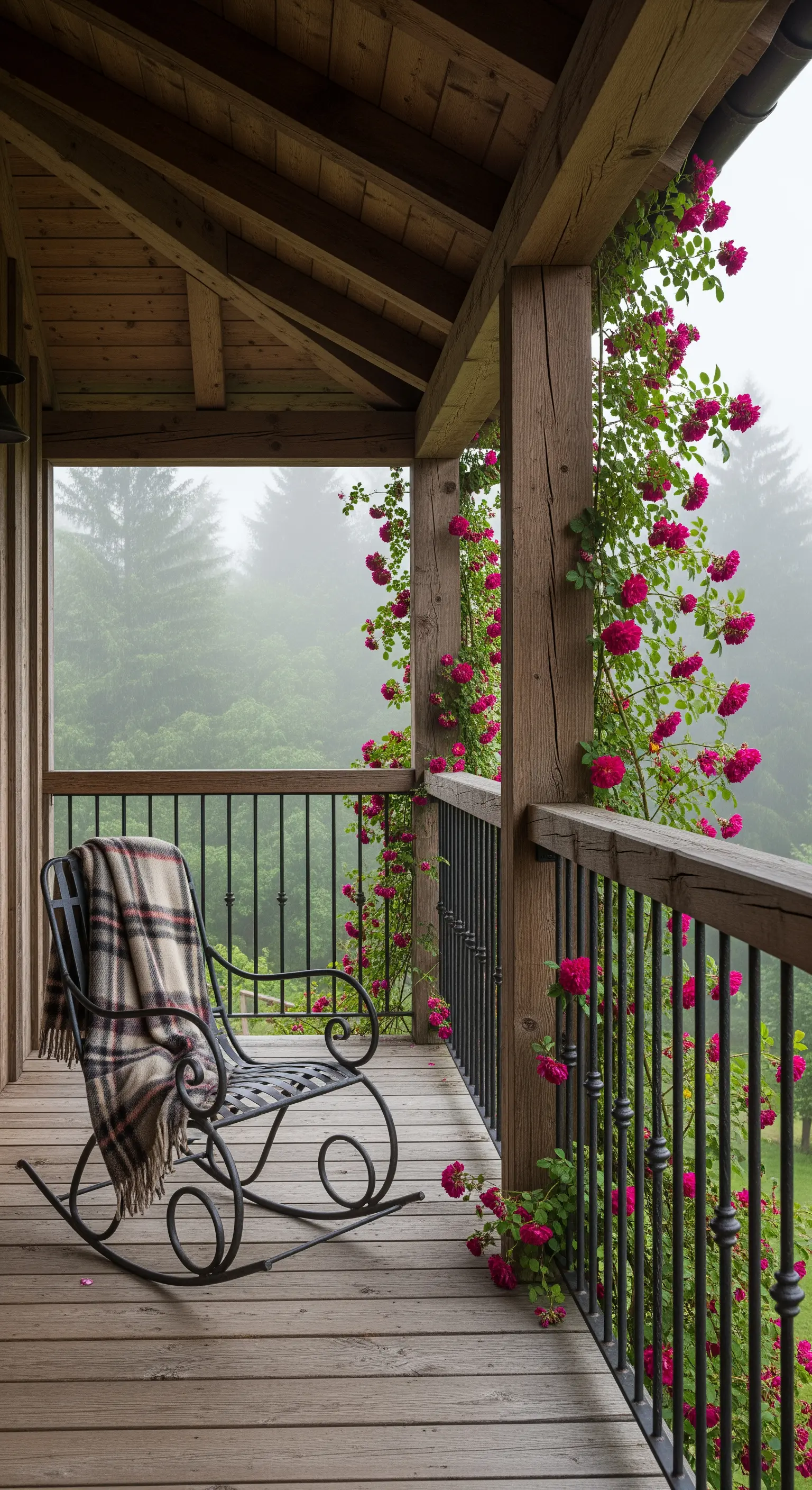 Portico in legno con sedia a dondolo in ferro, plaid e rose rampicanti fucsia.