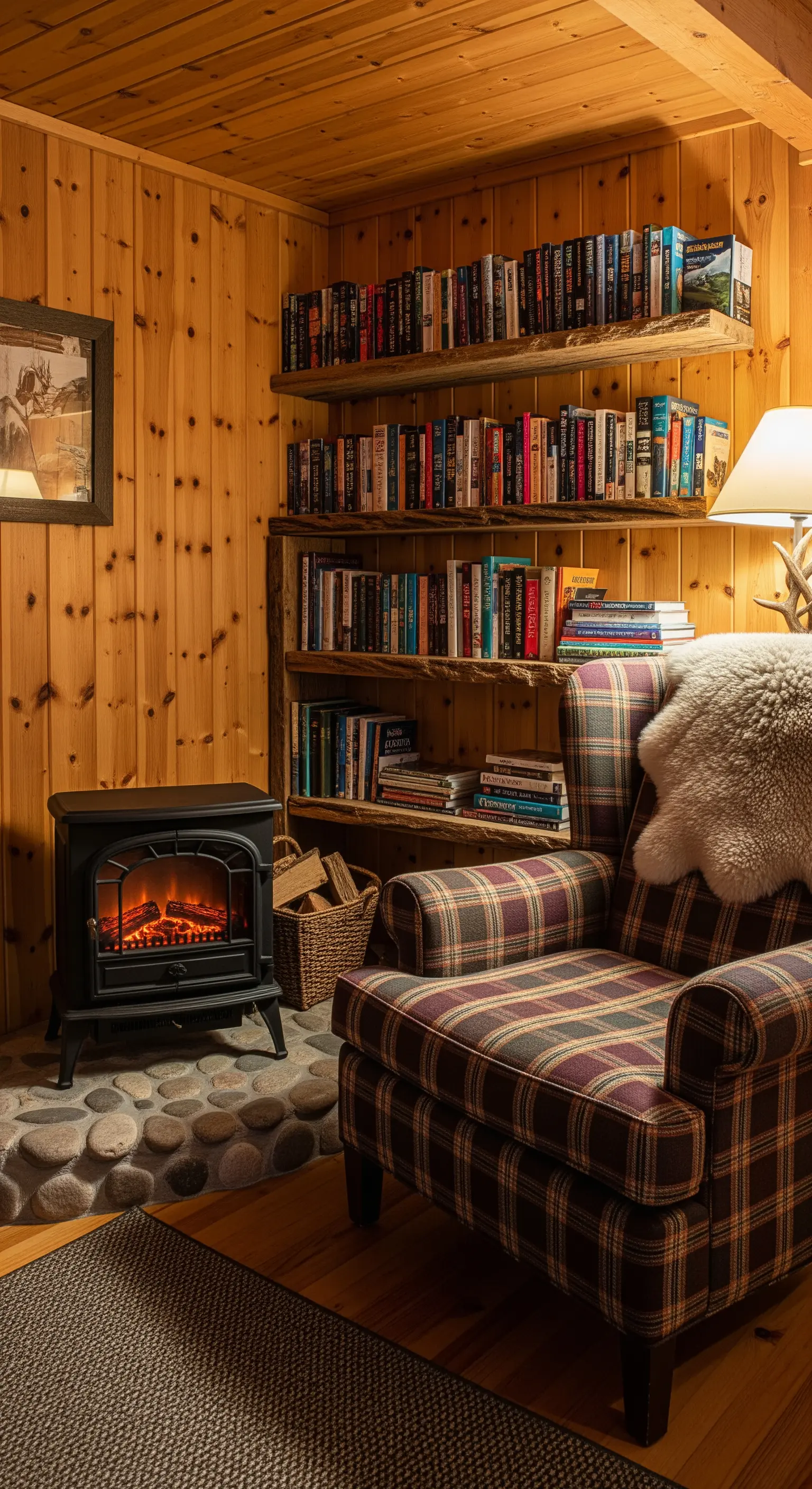 Angolo lettura rustico in una baita, con pareti in legno e poltrona a quadri.