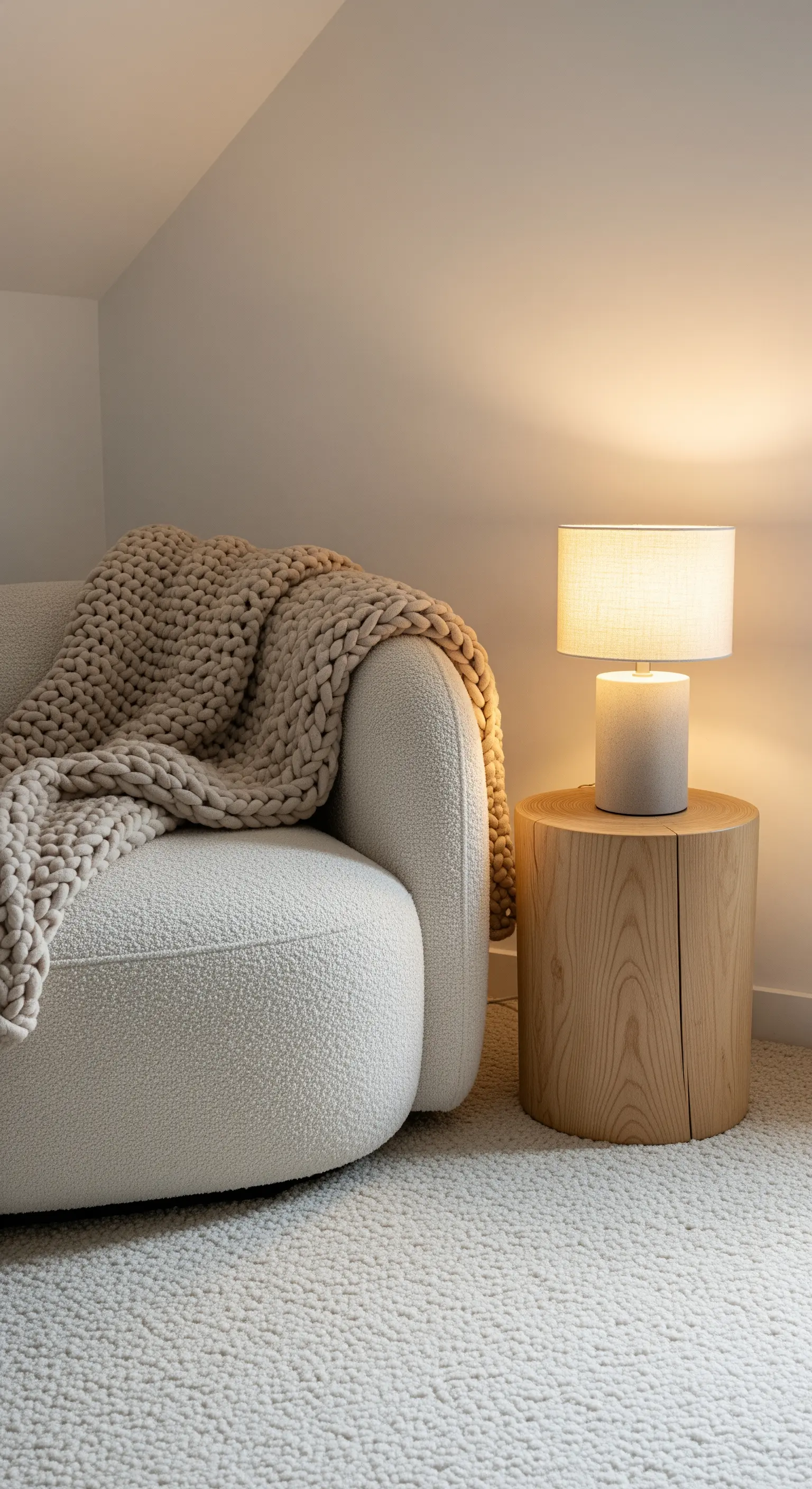 Poltrona arrotondata in tessuto bouclé bianco con coperta in maglia spessa e tavolino in legno massiccio.