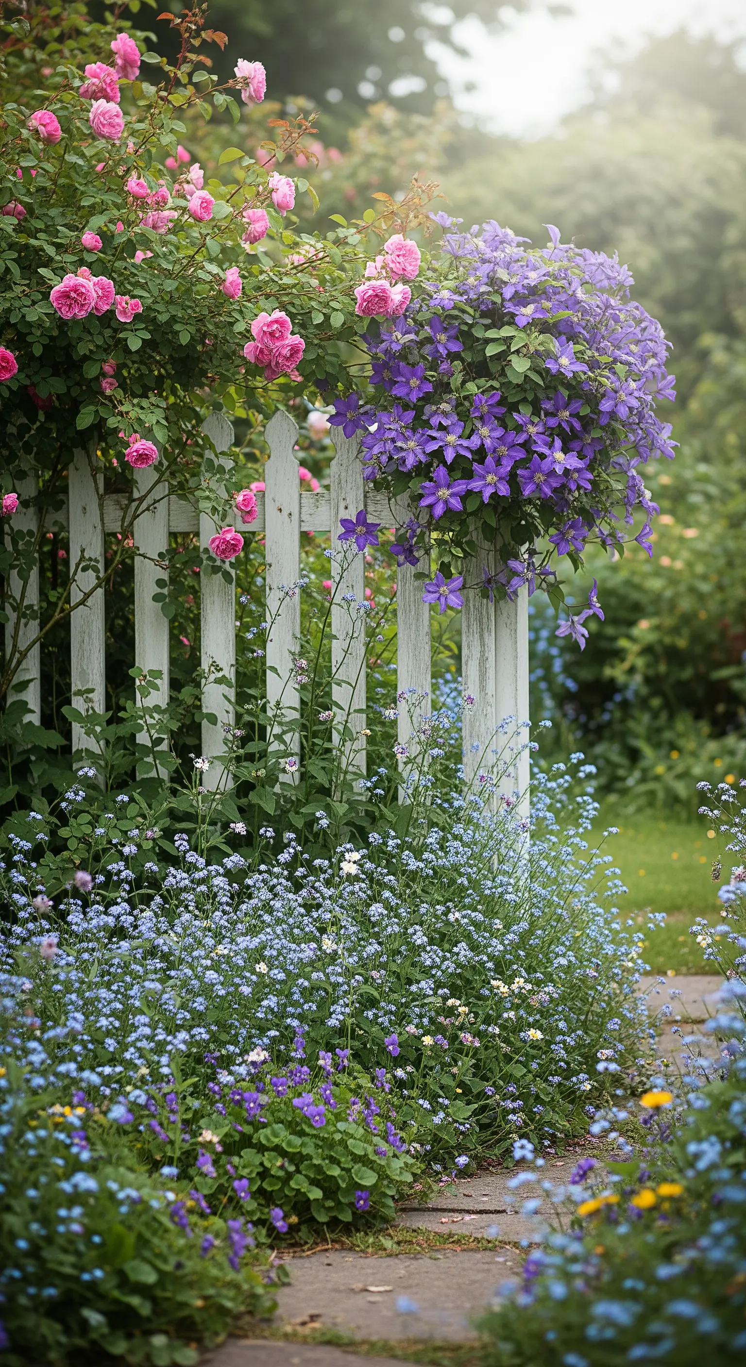 Recinzione bianca in legno con rose rosa rampicanti e un cesto di clematidi viola.
