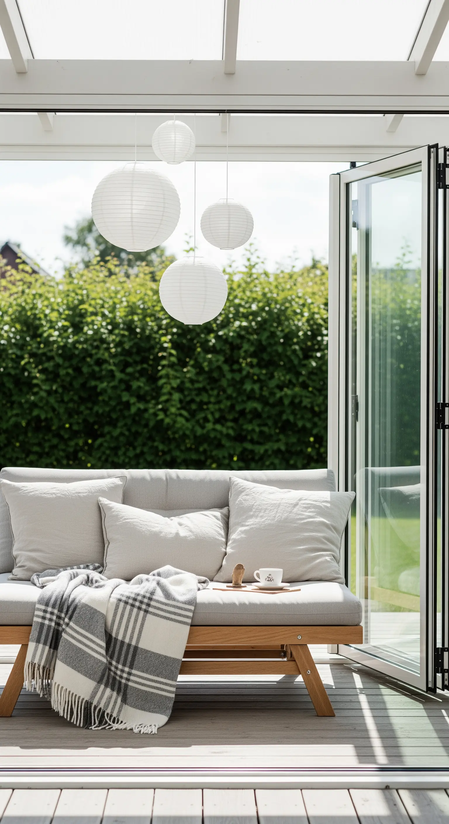 Daybed in una veranda luminosa con cuscini, plaid e lanterne di carta sospese.