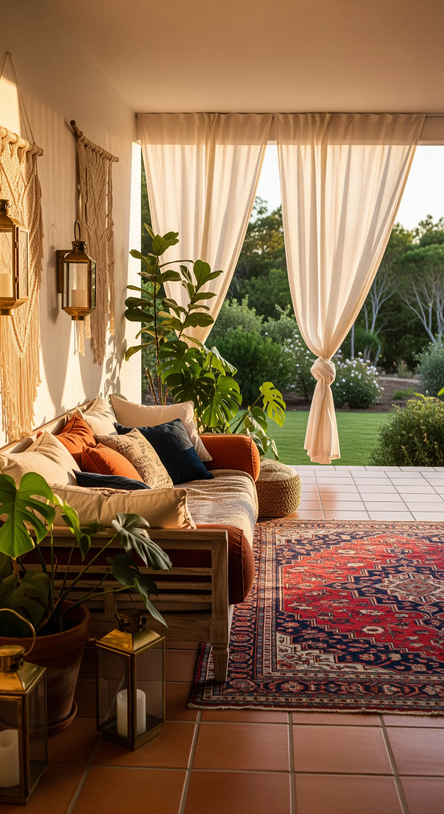 Veranda bohémien con tappeto persiano, divano in legno, tende e lanterne al tramonto.