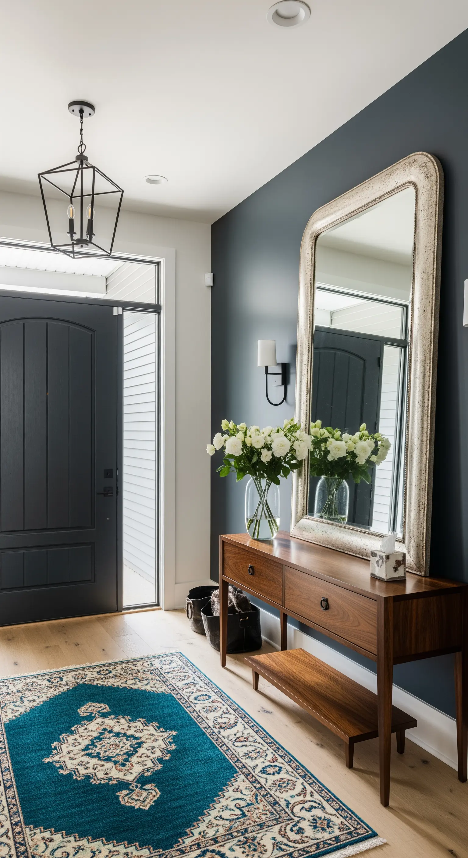 Ingresso moderno con parete grigio scuro, specchio argentato e tappeto turchese.